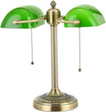 Green Double Head Glass Bankers Desk Lamp with Pull Chain Switch Plug in Fixture for Library, Office, Cafe