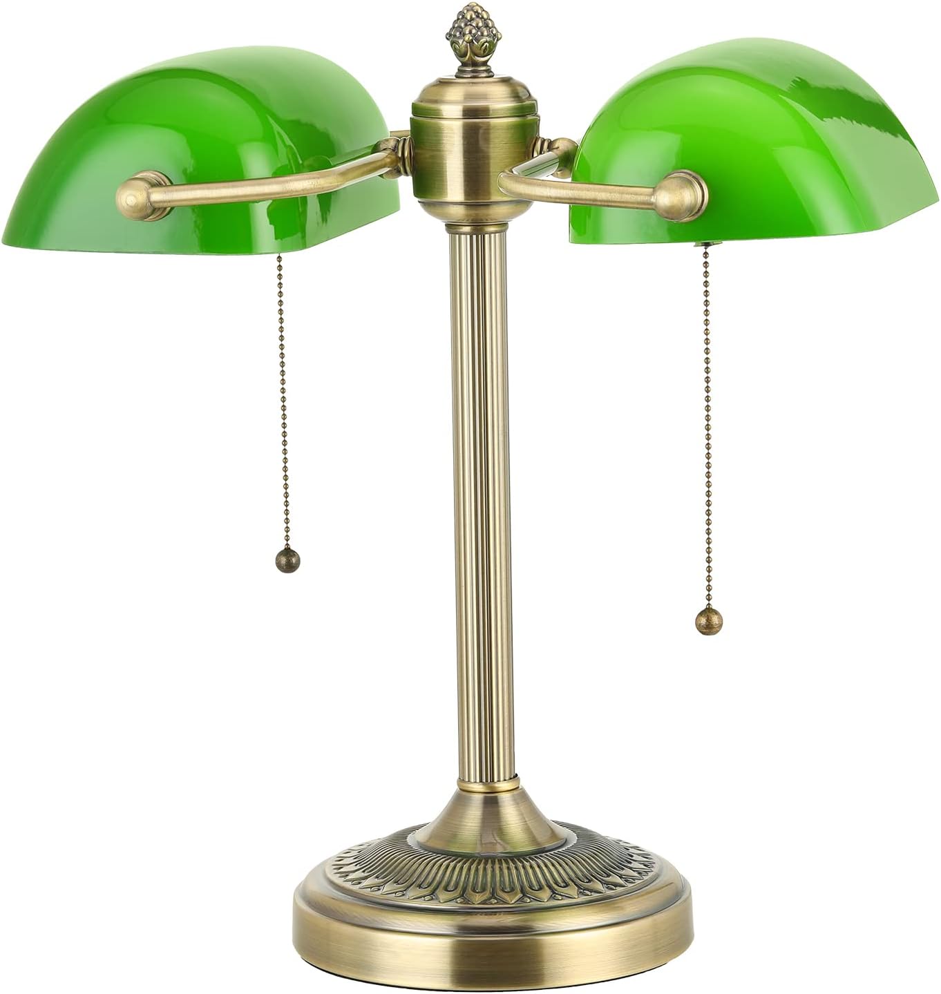 Green Double Head Glass Bankers Desk Lamp with Pull Chain Switch Plug in Fixture for Library, Office, Cafe
