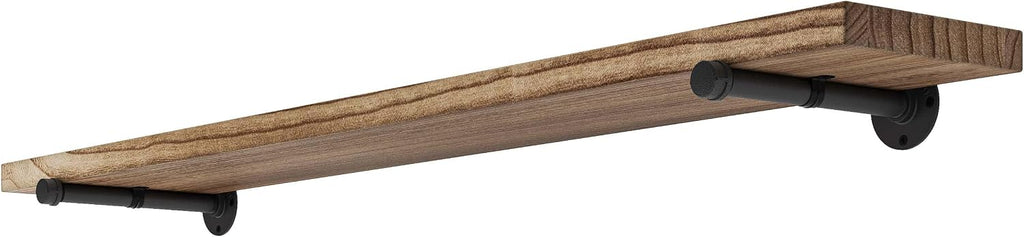 Wallniture Burnt Finish Pipe Wall Shelf - 9.25'' Deep, 1.5'' Thick Solid Wood, Lengths: 48', 60', 72', 84' - Includes Pipe Brackets (60'')