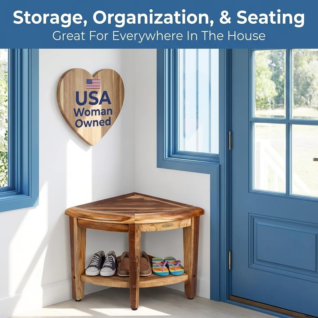 EcoDecors Corner Teak Shower Bench with Shelf – 16' x 18' Height- Teak Shower Stool with Shelf, Waterproof, 350lb Capacity Non-Slip | for Inside Shower | Tool-Free Assembly | Aging in Place