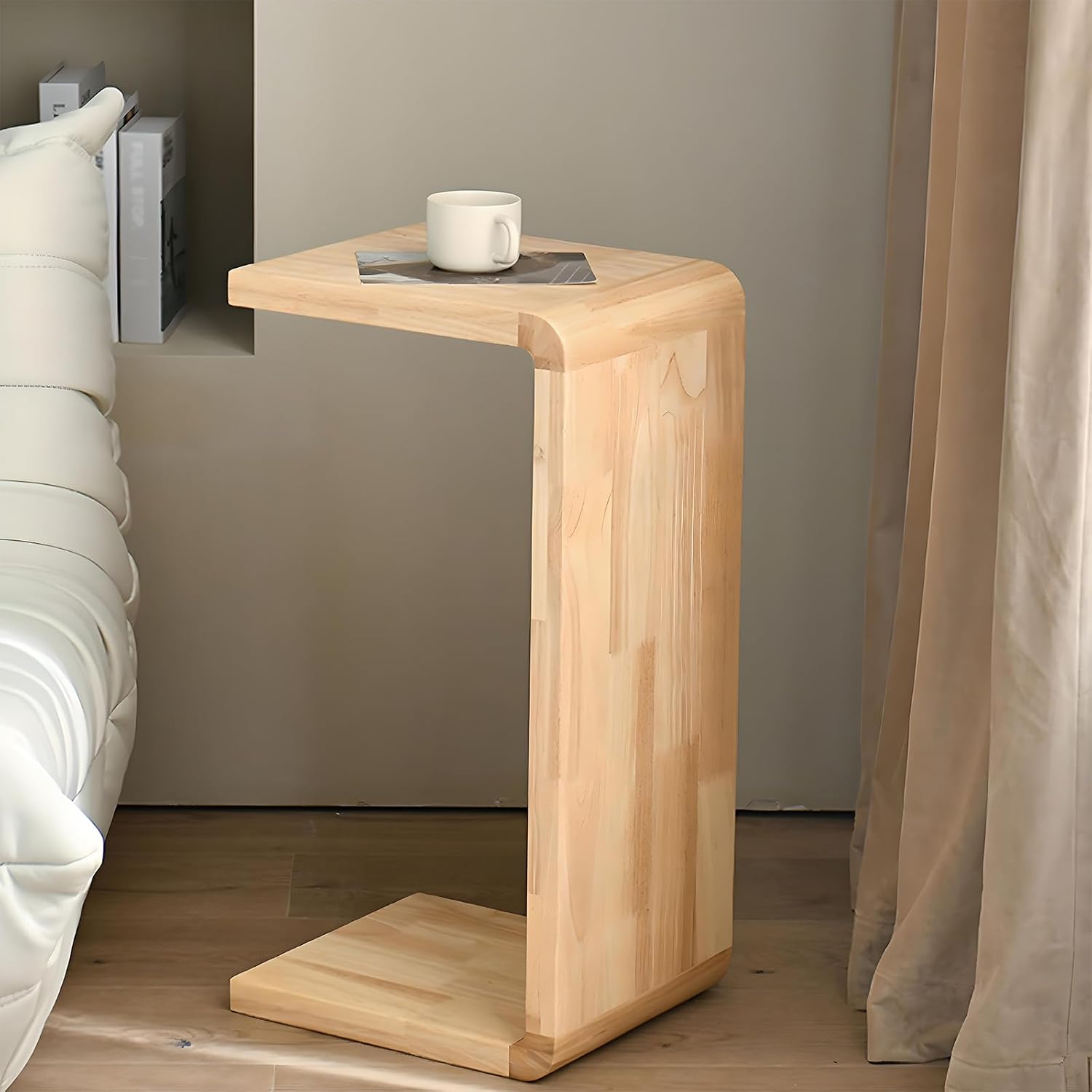 C-Shaped Side Table, Solid Wood End Table for Couch Sofa and Bed, Wooden C Tables for Living Room Bedroom, Small Snack Tray Table for Space Saving (2, 24.4' H-Brown)
