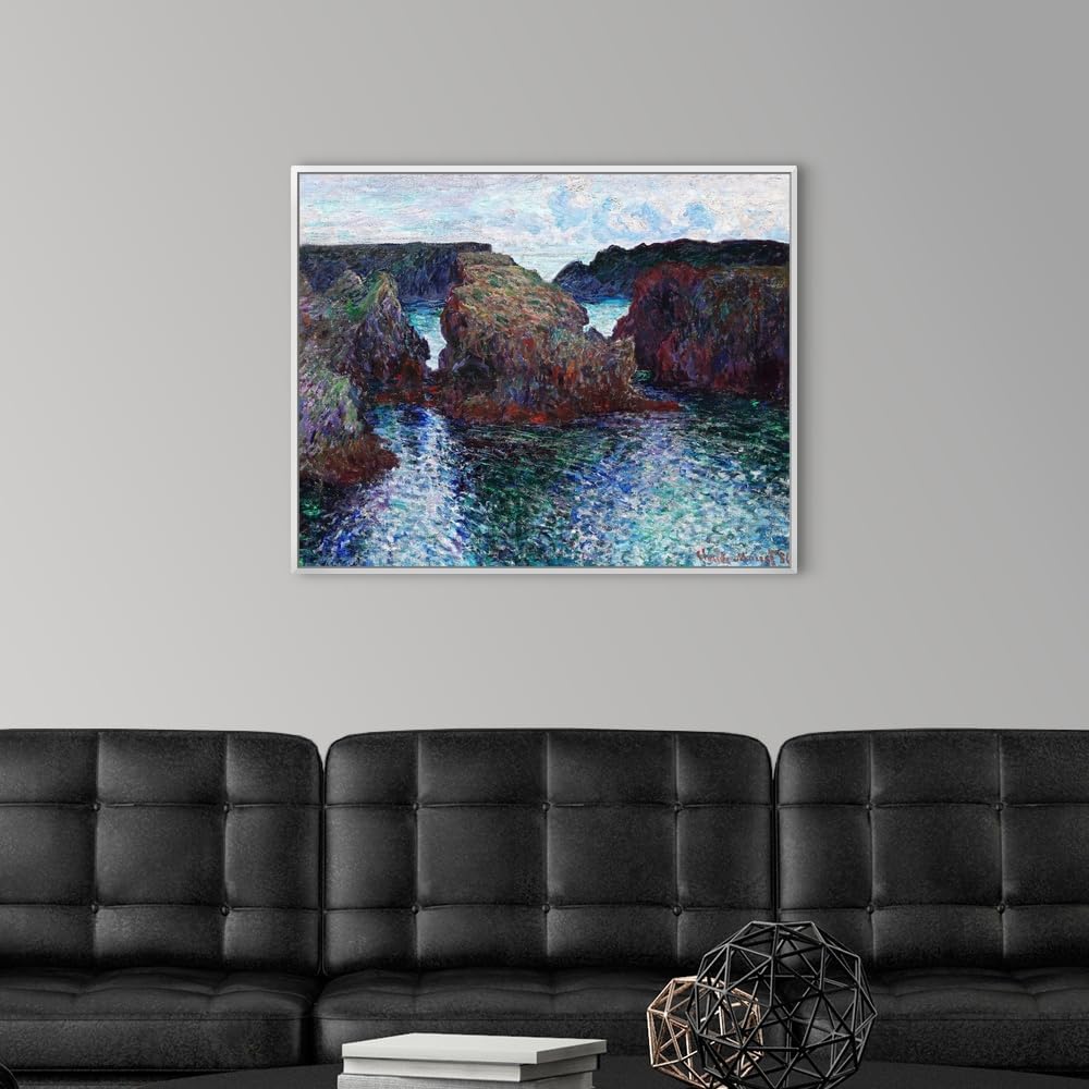 CANVAS ON DEMAND Rocks At Port-Goulphar, Belle-Ile White Float Framed Canvas Wall Art Print by Claude Monet, Classic, Impressionism, Traditional, Home Decor, Ocean Artwork,30' x24in