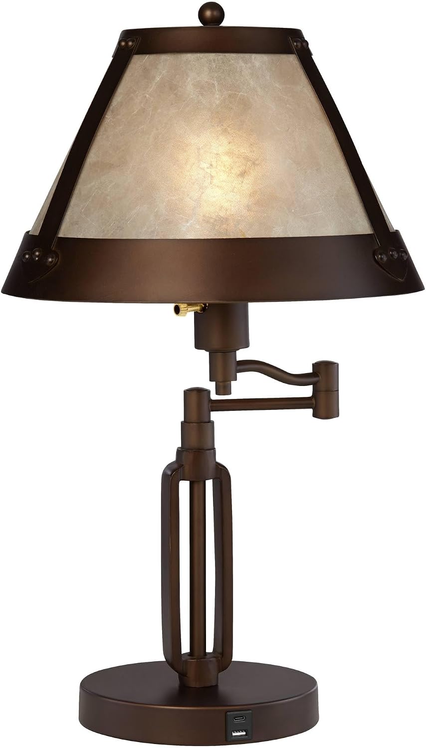 Franklin Iron Works Samuel 21 1/4' High Rustic Swing Arm Accent Table Lamp with USB Ports A+C Charging Bronze Natural Mica Shade for Living Room Bedroom House Bedside Nightstand Home Office Family