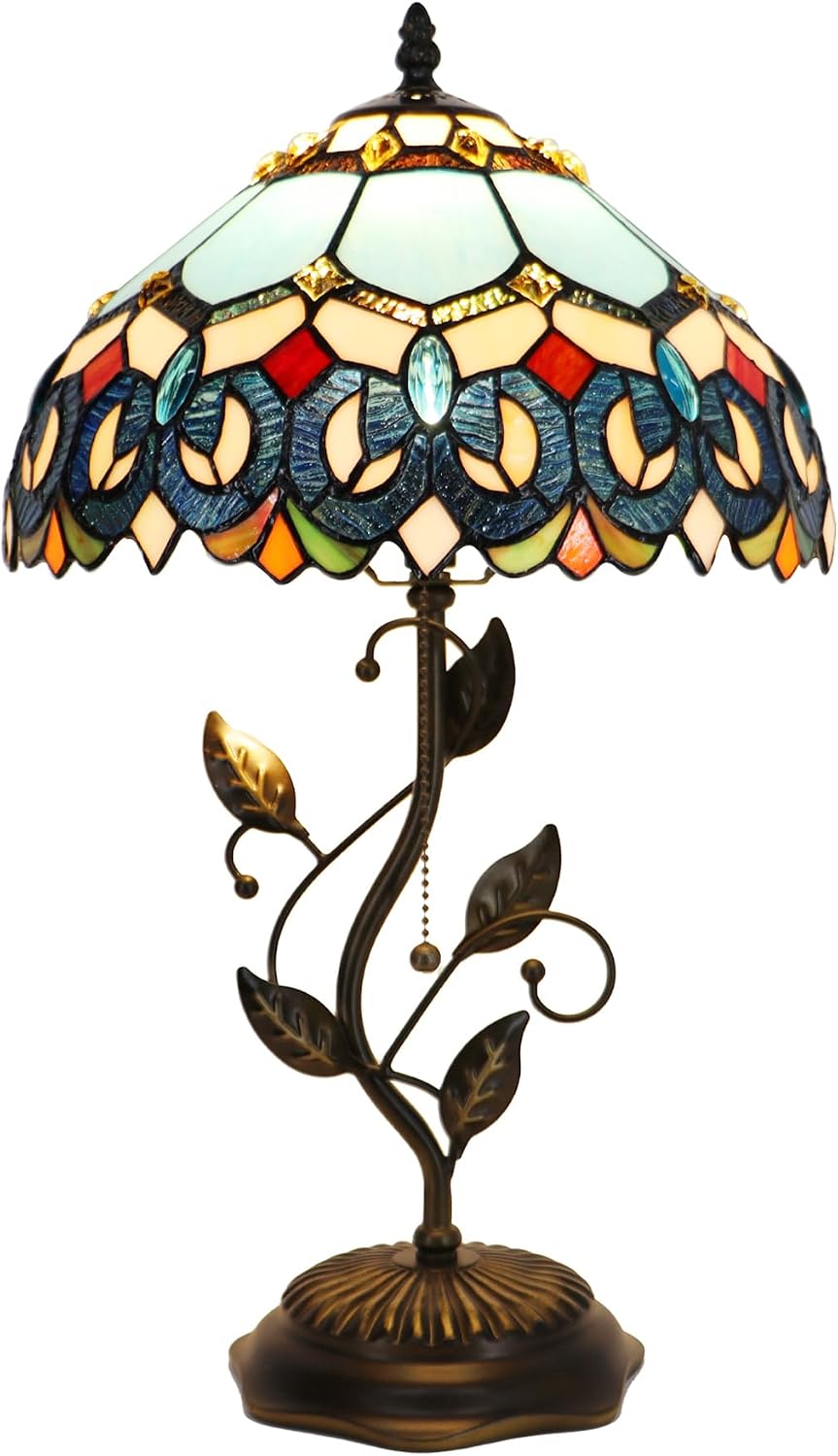 Tiffany Table Lamp, Stained Glass Desk Light, W12H19 Inch, Metal Leaf Base (Sapphire Style)