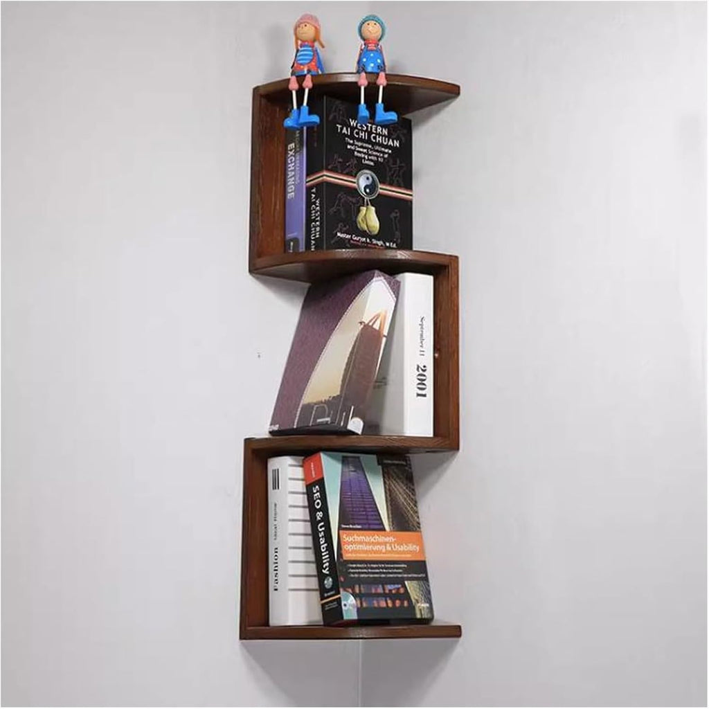 Wall Shelf Floating Corner Shelves for Wall Decor Storage, Solid Wood Wall Storage Shelves Rack 3 Tiers, Wall Mounted Wood Shelves for Home Decor, Bedroom, Living Room, B(Dark Brown-Small)