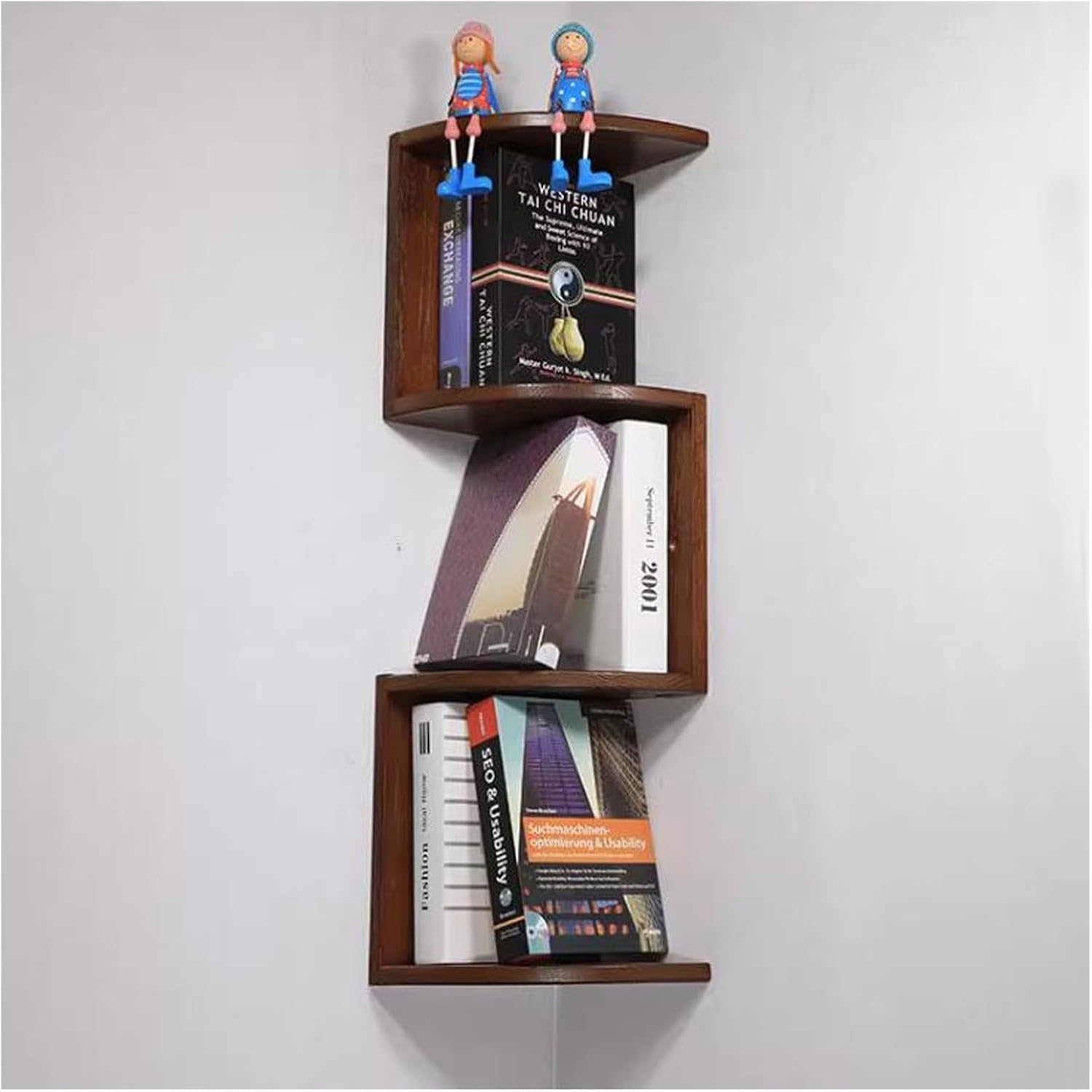 Wall Shelf Floating Corner Shelves for Wall Decor Storage, Solid Wood Wall Storage Shelves Rack 3 Tiers, Wall Mounted Wood Shelves for Home Decor, Bedroom, Living Room, B(Dark Brown-Small)