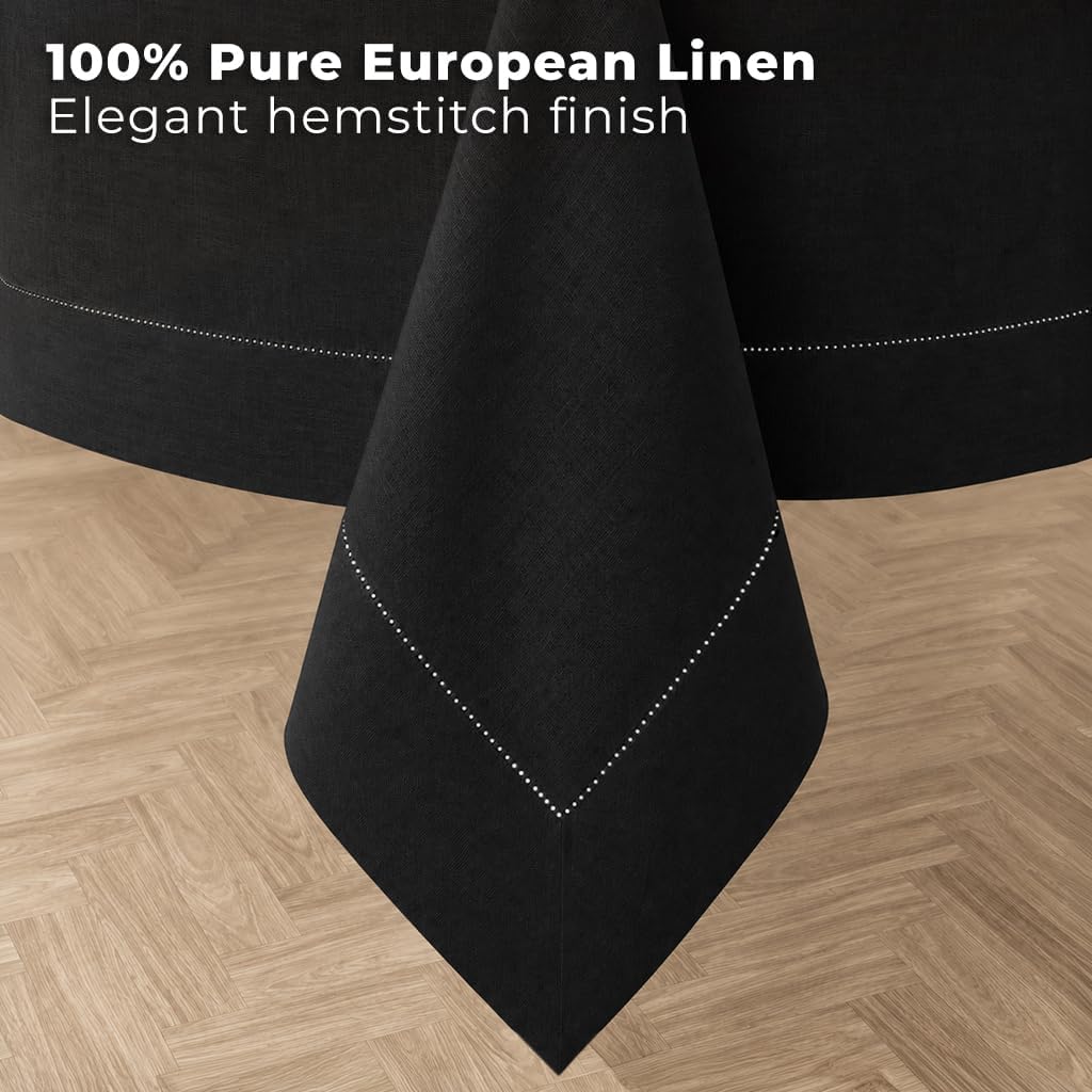 Signature Linen™ by D'Moksha Black Tablecloth, Rectangle Tablecloth 60 x 90 Inch, 100% Pure Linen, Hemstitch, Machine Washable Table Cloth for Dining- Summer