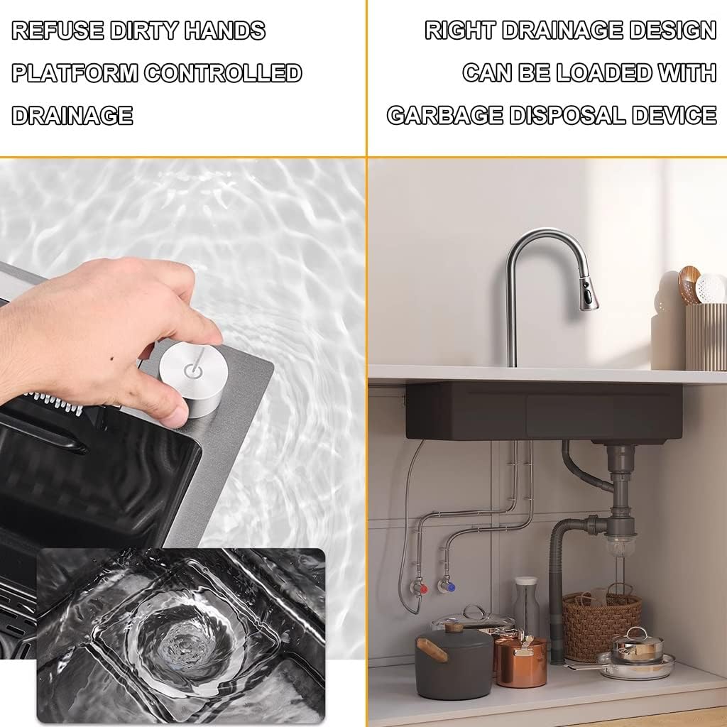 Single-Bowl Sink with Waterfall Pull-Down Faucet and Complete Accessory Set Versatile Stainless Steel Kitchen Workstation Sink (Color : Black, Size : 68x45x22cm) (Black 68x45x22cm)