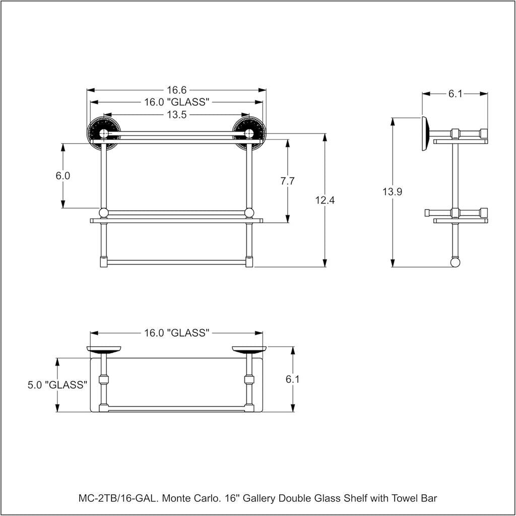 Allied Brass MC-2TB/16-GAL-UNL Monte Carlo Collection 16 Inch Gallery Double Glass Towel Bar Shelf, Unlacquered Brass