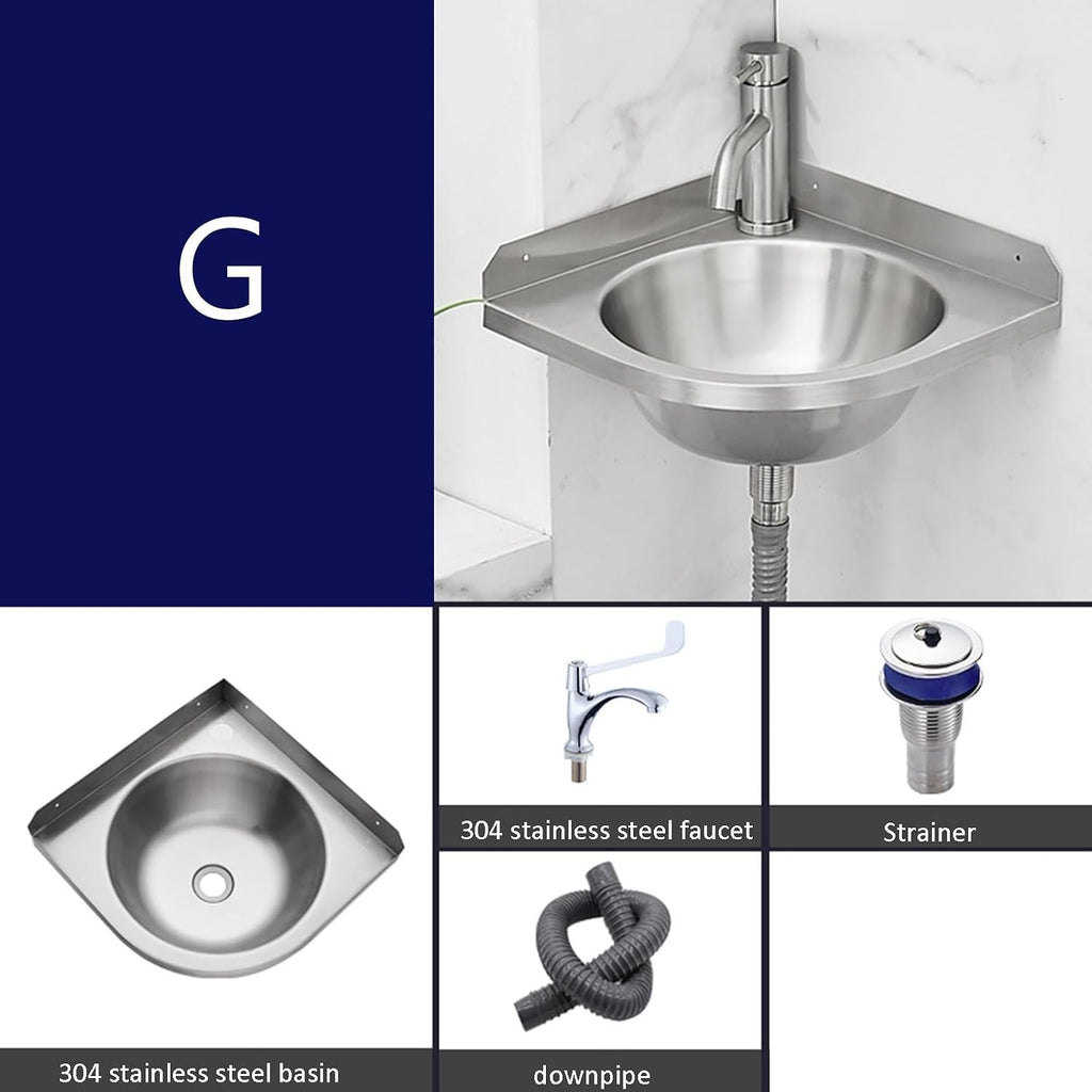 Stainless Steel Single Bowl Sink with Faucet, 3.9IN Deep Wall-Mounted WashBasin, Space-Saving, Easy to Clean,Small Sink Corner for Kitchen Bathroom (Color : Silver, Size : E) (Silver G)