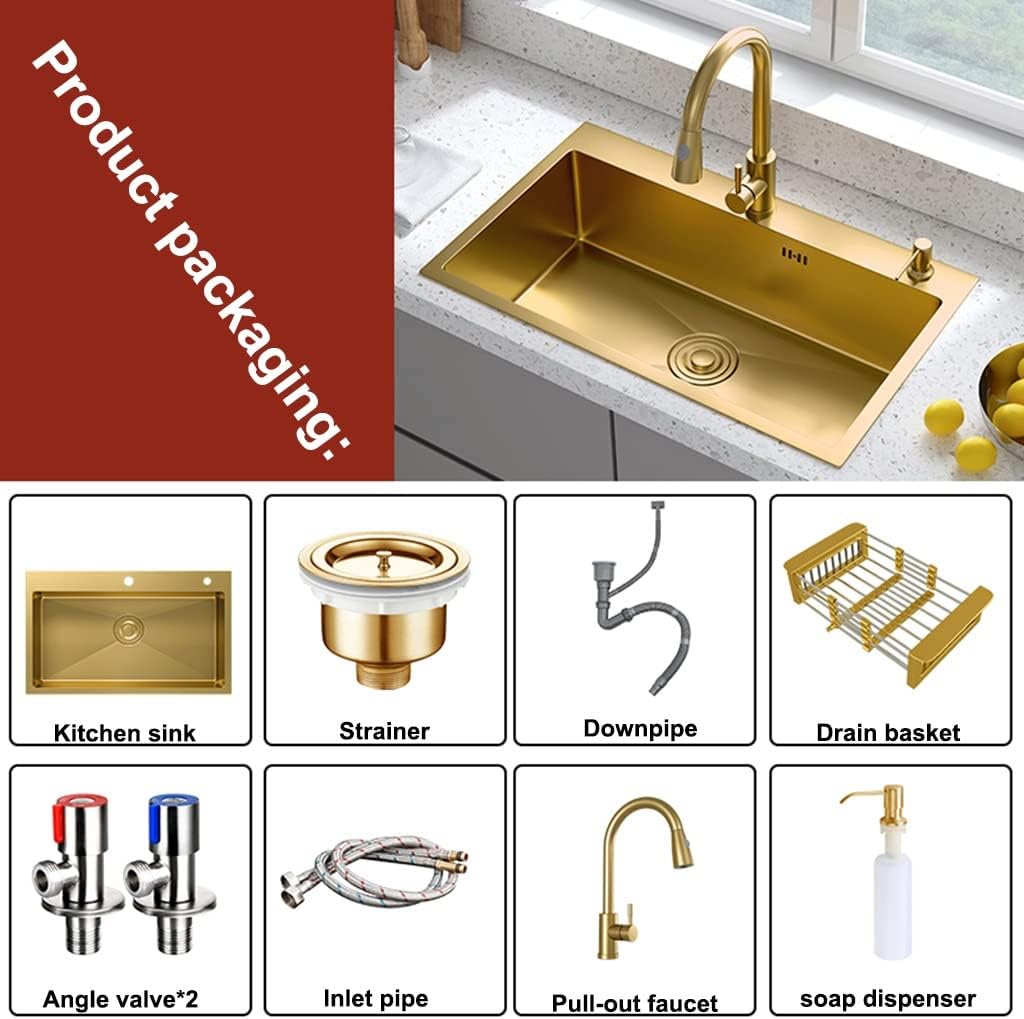 Generic Kitchen Single Bowl Sink Golden Bar Counter Square Sink with Pull-Out Faucet and Installation Kit Drop-in Or Undermount Kitchen Essentials (Color : Gold, Size : 55x45x21cm)