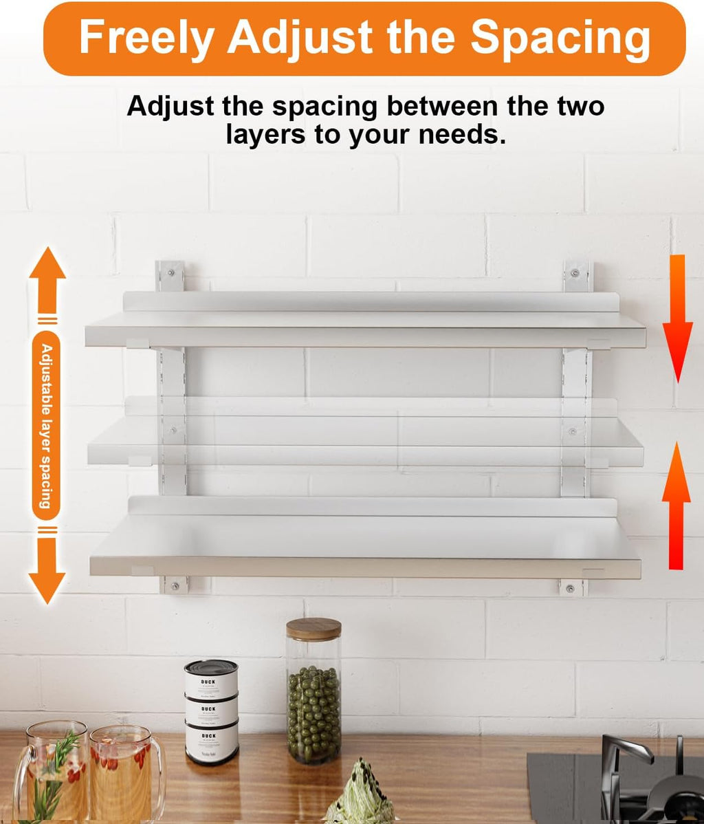 Stainless Steel Shelf, 47.2' X 12.6' Commercial Floating Wall Shelf with Brackets, 154Lbs Capacity, Adjustable Double-Layer Metal Heavy Duty Storage Rack for Restaurant, Kitchen Bar Home Hotel