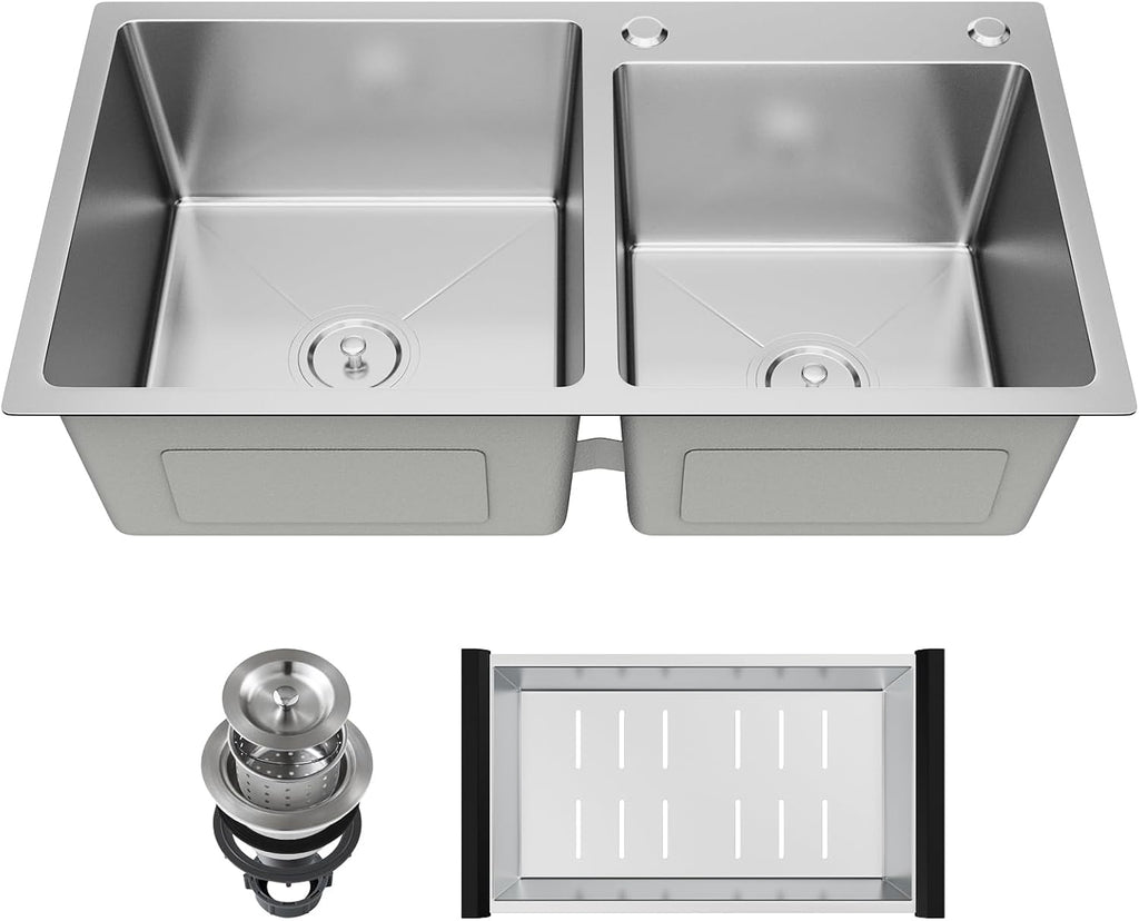 30-inch Kitchen Sink, Double Bowl Drop-in/Top-Mount 304 Stainless Steel with Nano Coating, Includes Drain Assembly & Fruit Basket for Modern Kitchen (30.7' x 16.9')