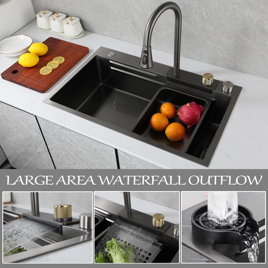 Stainless Steel Waterfall Kitchen Sink with 3-in-1 Faucet Multifunctional Single Bowl Sink with Drainage Basin, Drainage Basket, Cutting Board, Cup Washer, (Black Grey-68x45x22cm