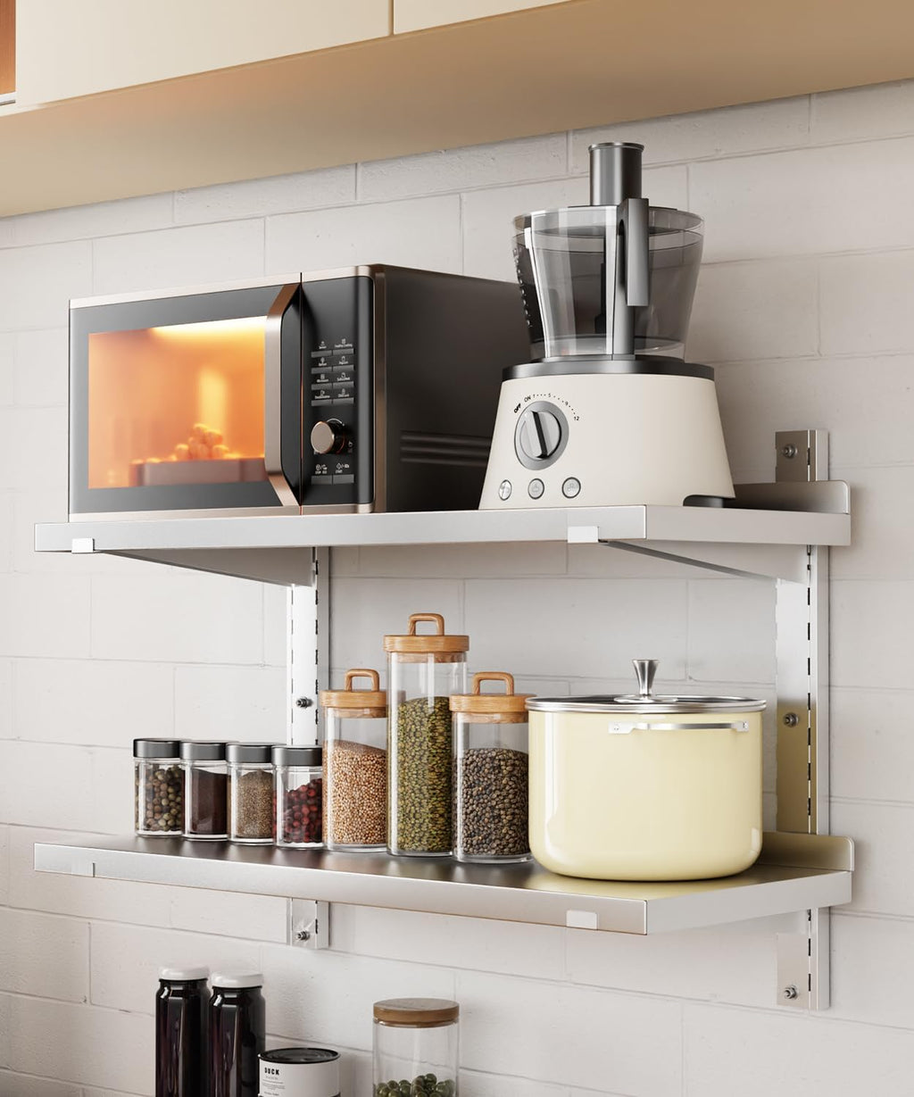 Stainless Steel Shelf, 47.2' X 12.6' Commercial Floating Wall Shelf with Brackets, 154Lbs Capacity, Adjustable Double-Layer Metal Heavy Duty Storage Rack for Restaurant, Kitchen Bar Home Hotel