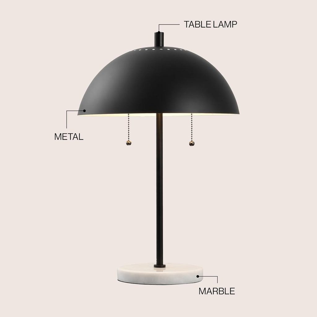 JONATHAN Y 20.7' Black/White Marble 2-Light LED Table Lamp for Modern Bedside Decor, Glam Desk Lamp, Gold Metal Dome Shade, Pull Chain Switch, Bulbs Included (JYL1071B)