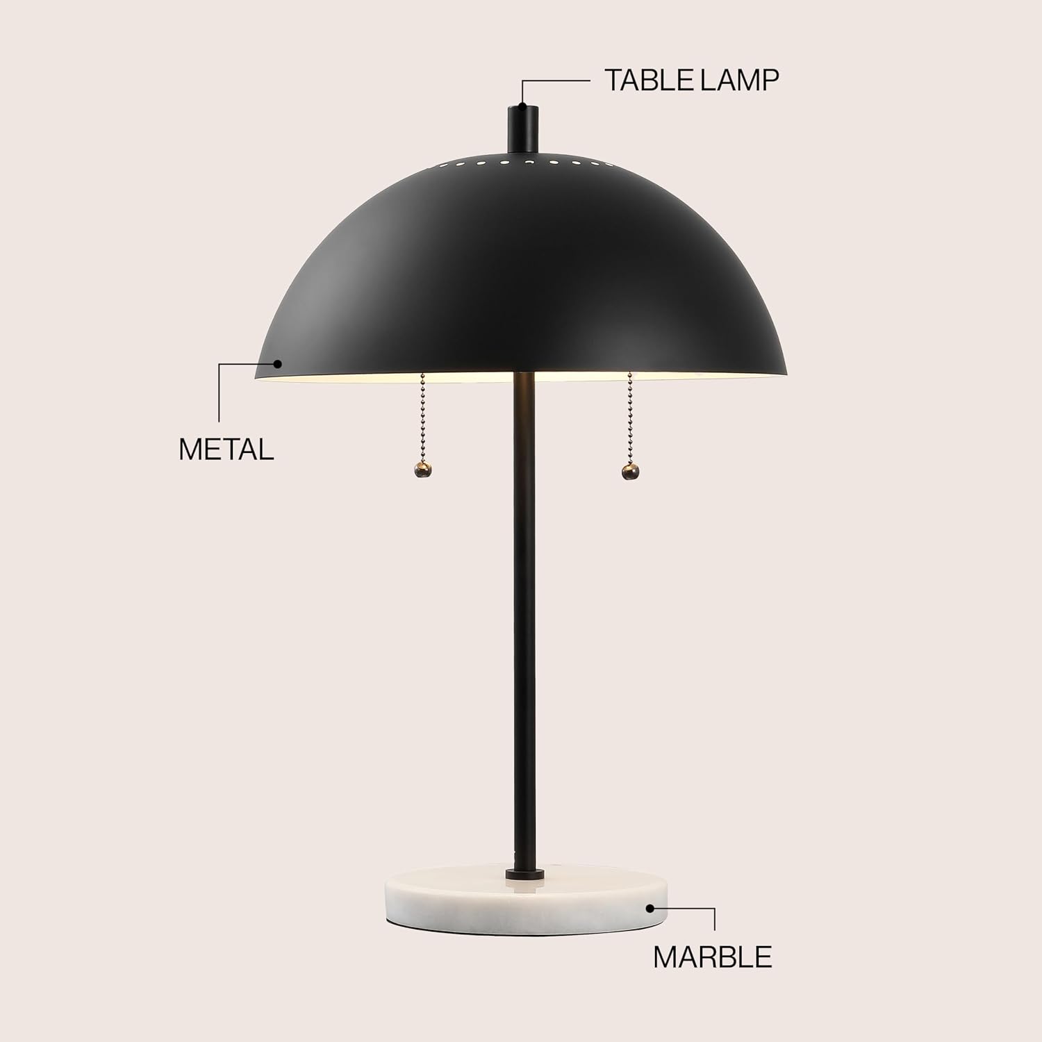 JONATHAN Y 20.7' Black/White Marble 2-Light LED Table Lamp for Modern Bedside Decor, Glam Desk Lamp, Gold Metal Dome Shade, Pull Chain Switch, Bulbs Included (JYL1071B)