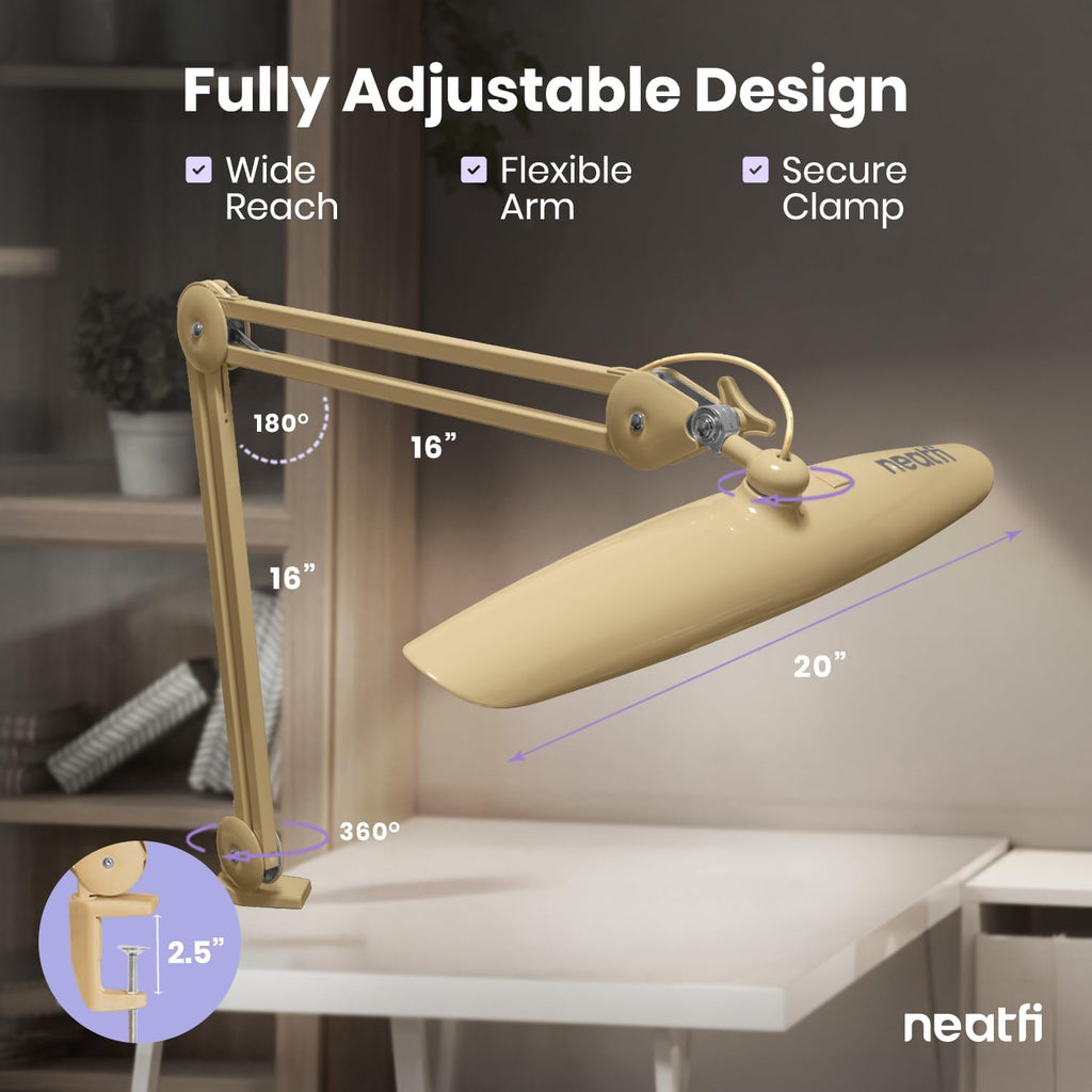 Neatfi XL 2200 Lumens 24W LED Desk Lamp – Shadow-Free Task Lighting | 4-Level Dimming | Home Office & Crafts Use | 20-Inch Wide Head (Gold, Non-CCT with Clamp)