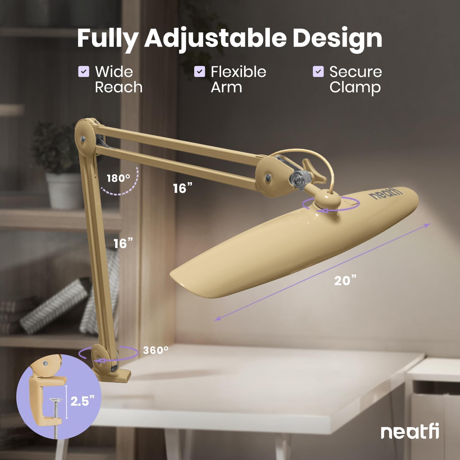 Neatfi XL 2200 Lumens 24W LED Desk Lamp – Shadow-Free Task Lighting | 4-Level Dimming | Home Office & Crafts Use | 20-Inch Wide Head (Gold, Non-CCT with Clamp)