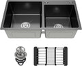30-inch Black Kitchen Sink, Double Bowl Drop-in/Top-Mount 304 Stainless Steel with Nano Coating, Includes Drain Assembly & Fruit Basket for Modern Kitchen (30.7' x 16.9')
