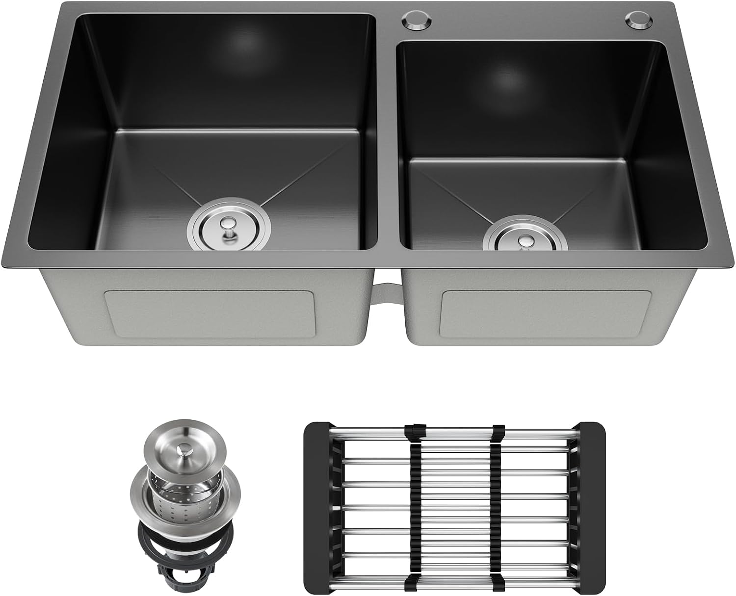30-inch Black Kitchen Sink, Double Bowl Drop-in/Top-Mount 304 Stainless Steel with Nano Coating, Includes Drain Assembly & Fruit Basket for Modern Kitchen (30.7' x 16.9')