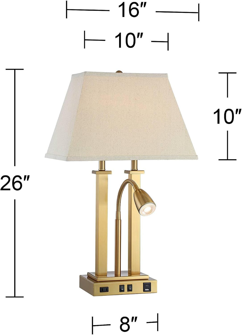 Possini Euro Design Deacon Modern Desk Table Lamp with USB and AC Power Outlet in Base LED Gooseneck 26' High Antique Brass Oatmeal Linen Drum Shade for Living Room Bedroom Bedside Nightstand