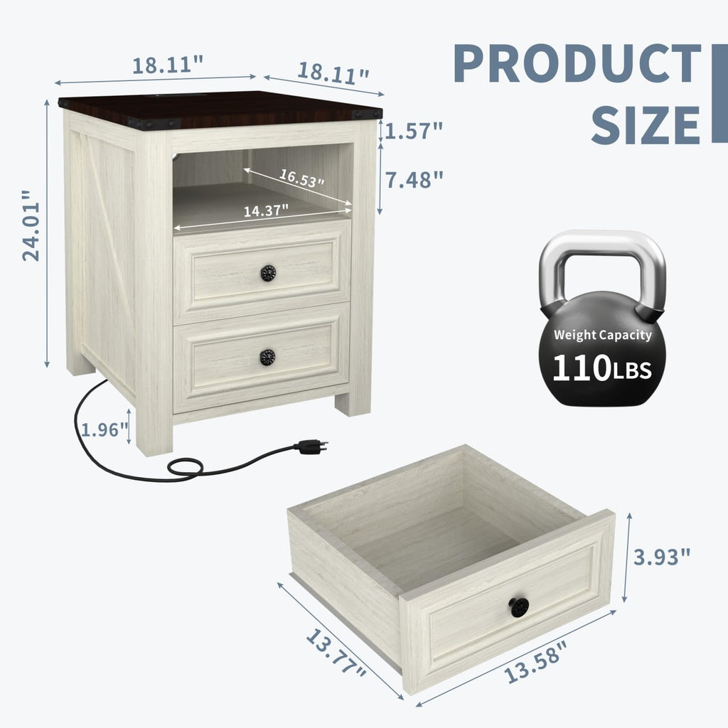MUUEGM Farmhouse End Table with Charging Station, Side Table for Living Room, Sofa Side Table with Drawers and Storage Cabinet, Night Stand for Bedroom, White, Set of 2