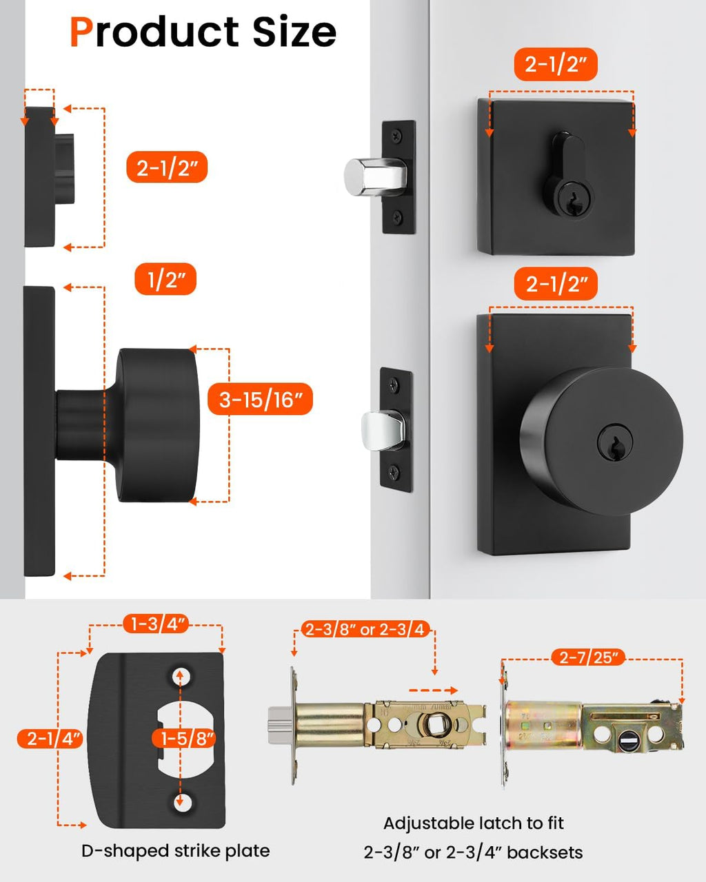 Haidms Black Door Knob with Deadbolt, Zinc Alloy Matte Black Exterior Door Lock Set, Heavy Duty Front Door Knob and Deadbolt Set with Lock and Key, Reversible Modern Secure Entry Hardware (2 Pack)