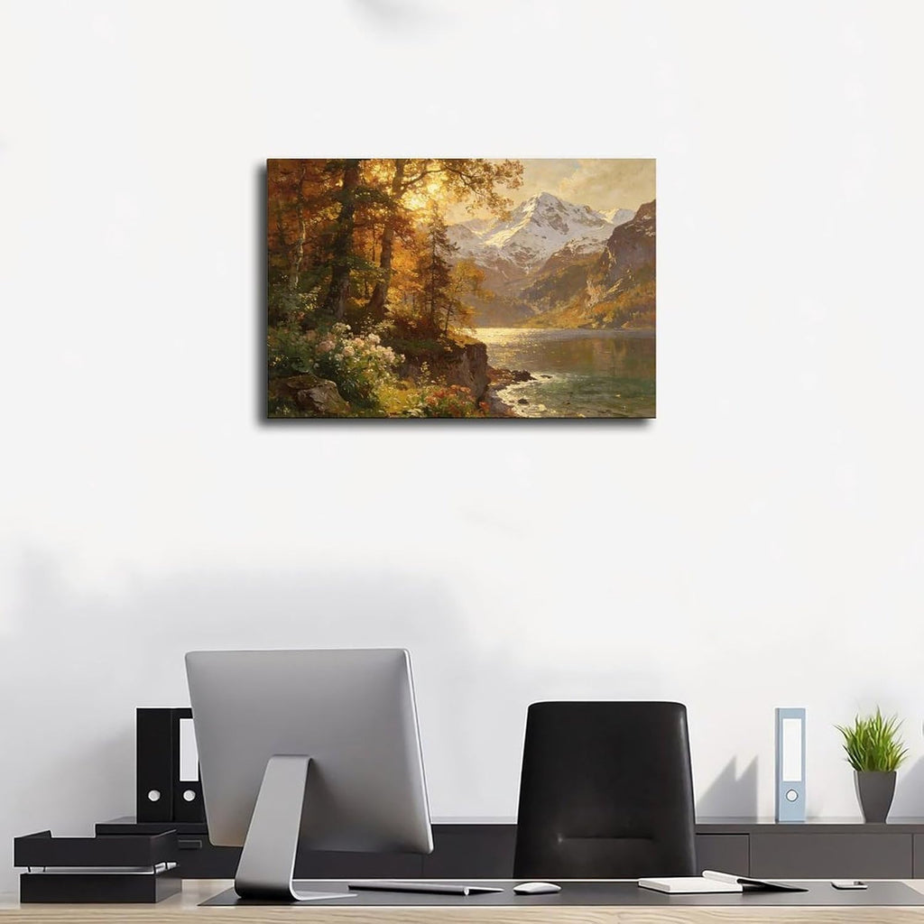 Autumn Mountain Lake Wall Art Print, Golden Forest And Snowy Peaks Landscape Painting, Scenic Nature Poster for Living Room Bedroom Decor 24x36inch(60x90cm)