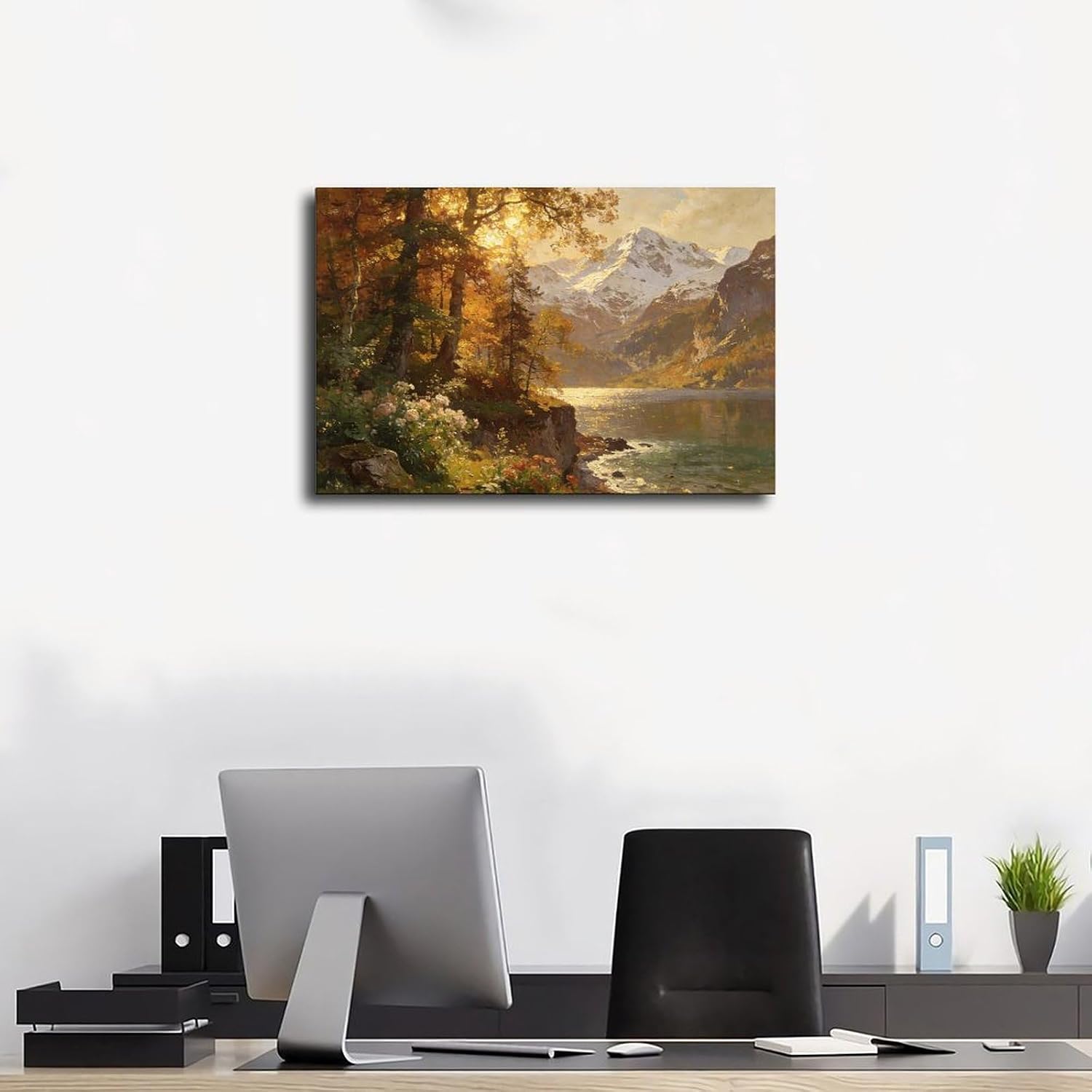Autumn Mountain Lake Wall Art Print, Golden Forest And Snowy Peaks Landscape Painting, Scenic Nature Poster for Living Room Bedroom Decor 24x36inch(60x90cm)