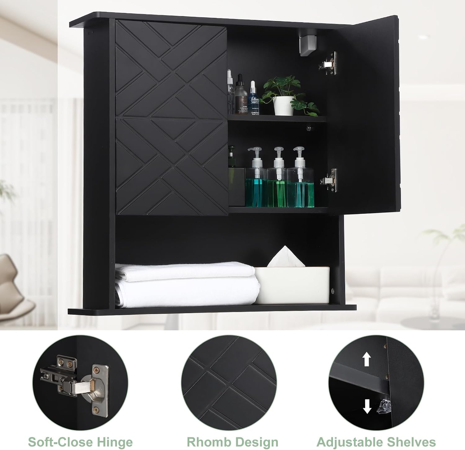GAOMON Medicine Cabinet with Two Door, Wood Wall Mounted Bathroom Storage Cabinet with Adjustable Shelf and Towel Bar, 2-Tier Cabinet for Bathroom Living Room Laundry Room Kitchen, Black