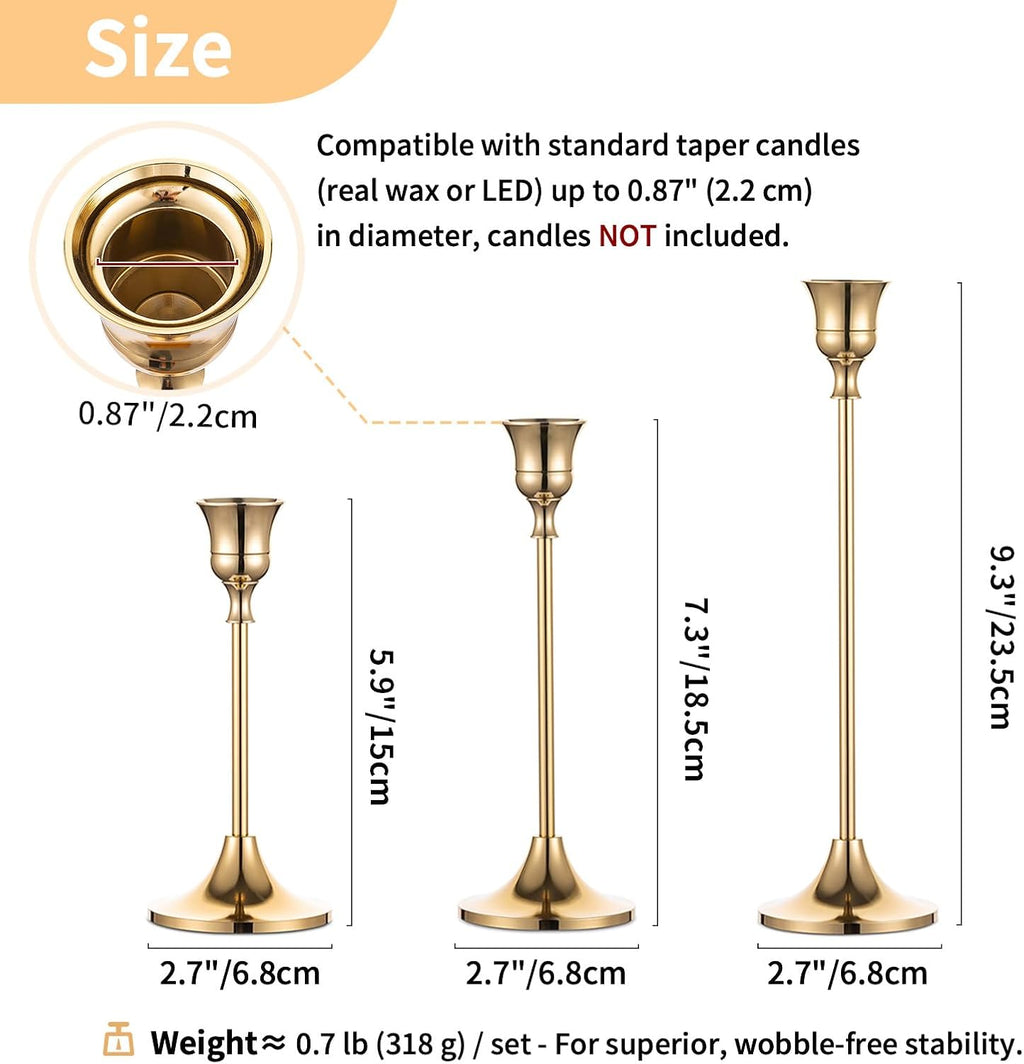 Nuptio Candlestick Holders Taper Candle Holder 10 Sets(30 Pcs) Gold Candle Sticks Holder Metal Candle Holders for Tapered Candles Table Centerpiece for Wedding Candlelight Dinner Birthday Decor