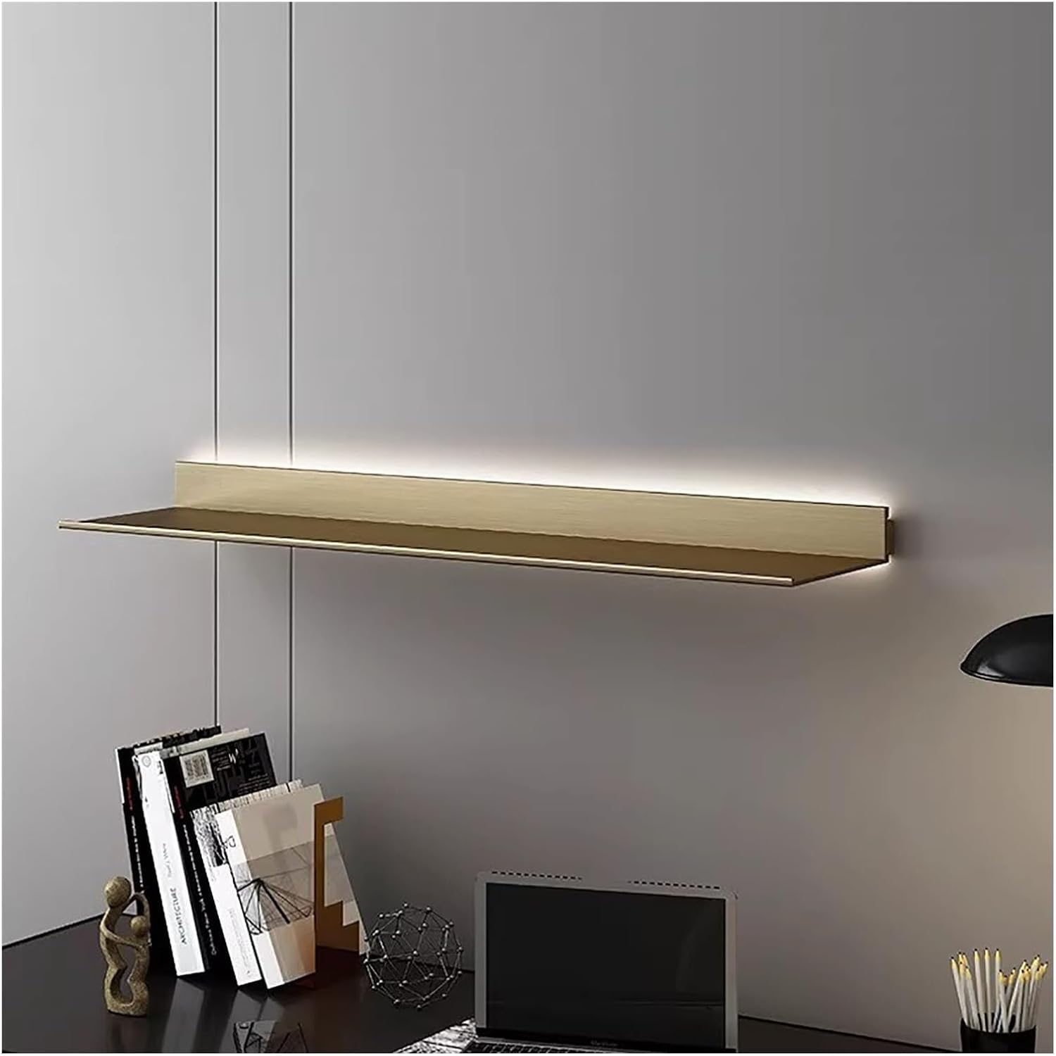 L-Shape Aluminum Alloy Wall Shelf, Illuminated Wall Shelf Built-in LED,Aluminum Alloy Display Stands,Floating Shelves Wall Mounted,Light Creative Metal Display Shelves(Gold 80cm/31.5in)