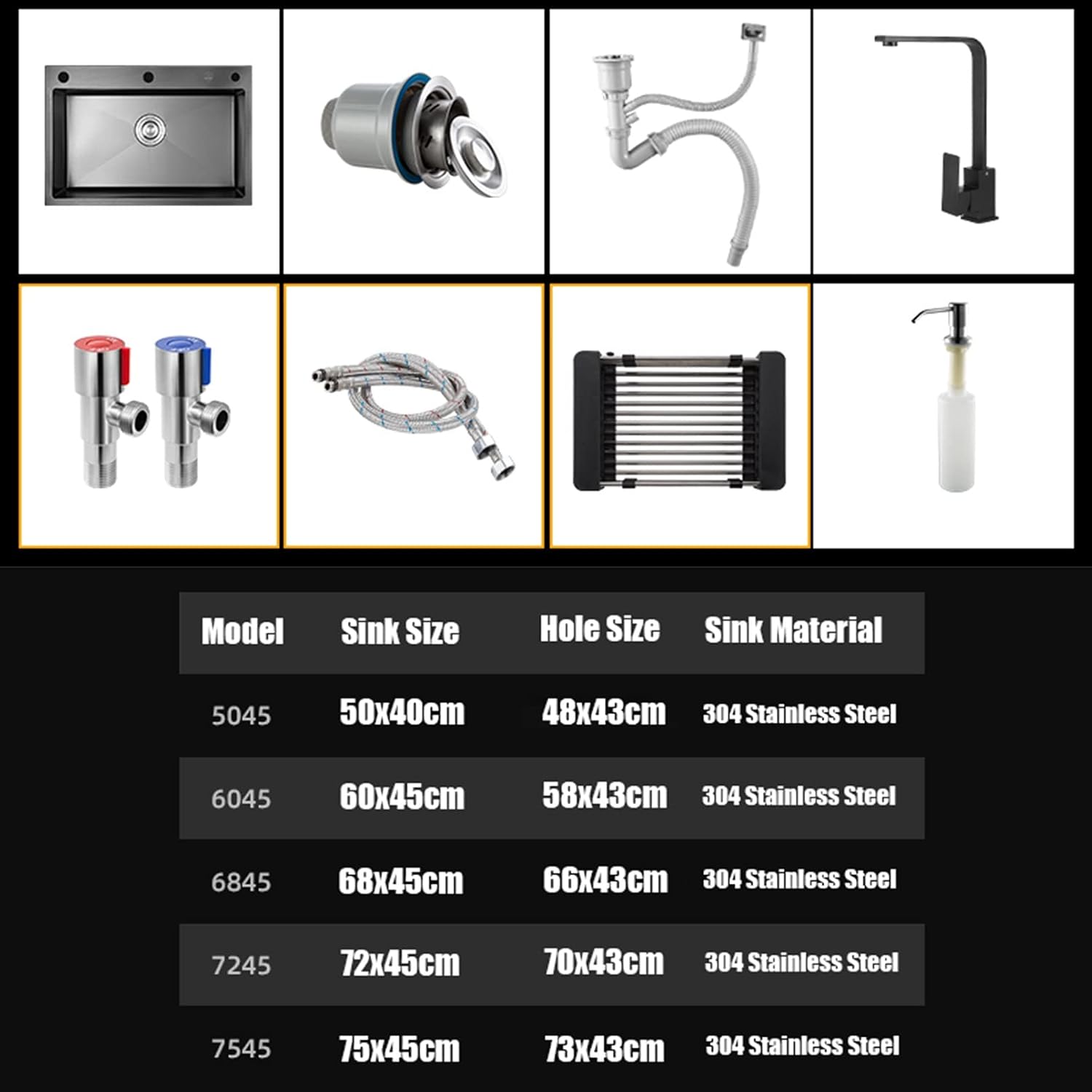 JATIBOSH Kitchen Sink 304 Stainless Steel Sink Household Black Single Bowl Sink Workstation with Square Faucet + Drain Basket (Size : 50x40cm)