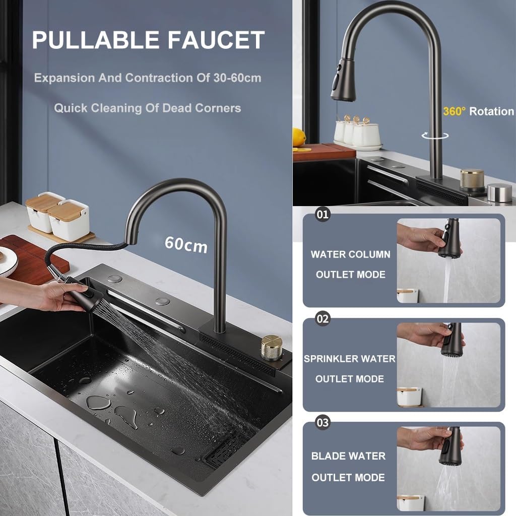 Kitchen Sink Stainless Steel Waterfall Sink with Pull Down Sprayhead Faucet Single Bowl Bar Sink Workstation Household RV Sink with Accessories (Color : Black, Size : 75x45x22cm) (Black 68x45x22c