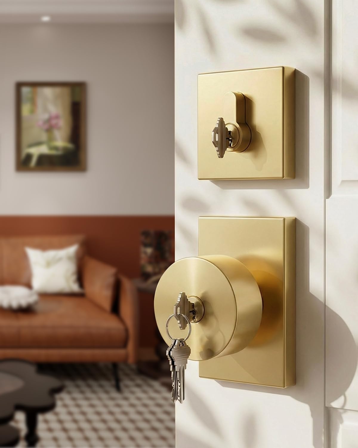 Goldenwarm Brushed Gold Exterior Door Knob with Deadbolt, Square Keyed Different Front Entry Lockset, Heavy Duty, 3 Pack