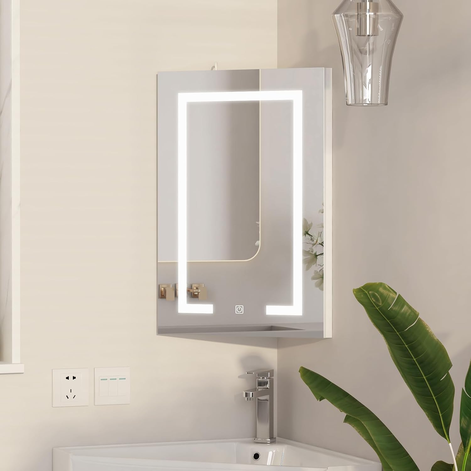 Corner Medicine Cabinet with Mirror,Lighted Medicine Cabinet with 2 Storage Shelf, 24' Bathroom Mirror Cabinet,Wall Mounted,Opens Right to Left,White,24' x16'