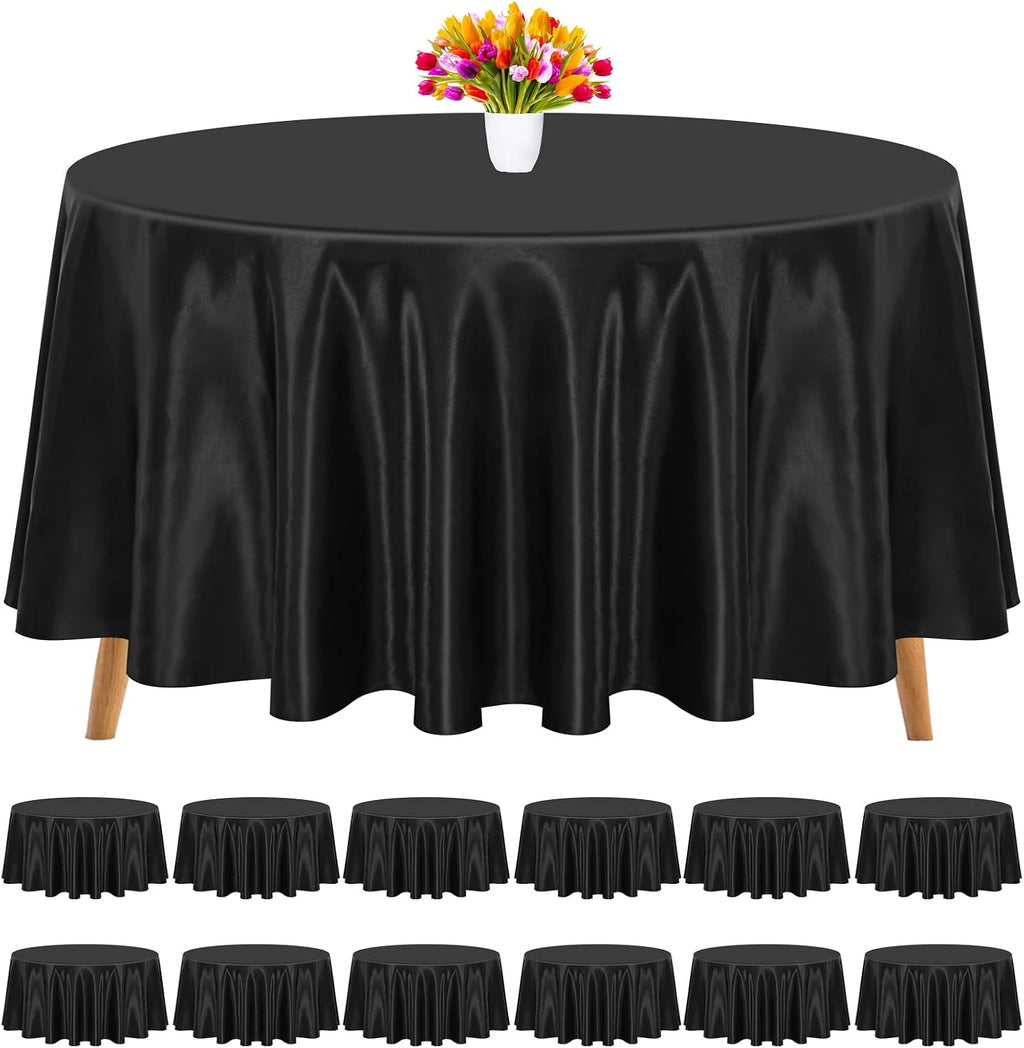 12 Pack 120 Inch Round Tablecloth, Black Satin Fabric Table Cloth for Round Tables, Wrinkle Resistant Washable TableCover Bright Silk Table Clothes for Wedding Party Dining Tables Banquet