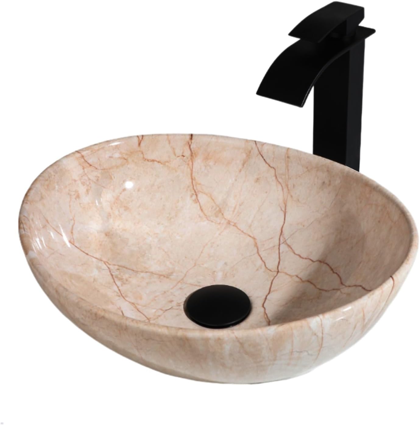 Oval Marbling Vessel Sink with Waterfall Faucet and Pop-up Drain Ceramic Bathroom Sink Above Counter Bowl Sinks for Bathrooms
