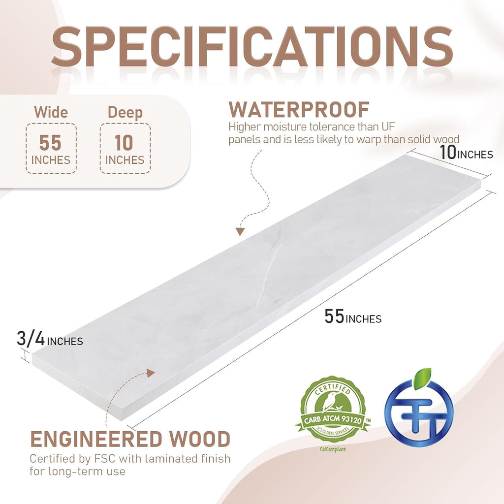 Kaboon 55 inch Long 10 inch Deep Floating Shelves for Wall Set of 2, Large Open Shelves Wall Mounted, Space Saving Home and Commercial Use, White Rock