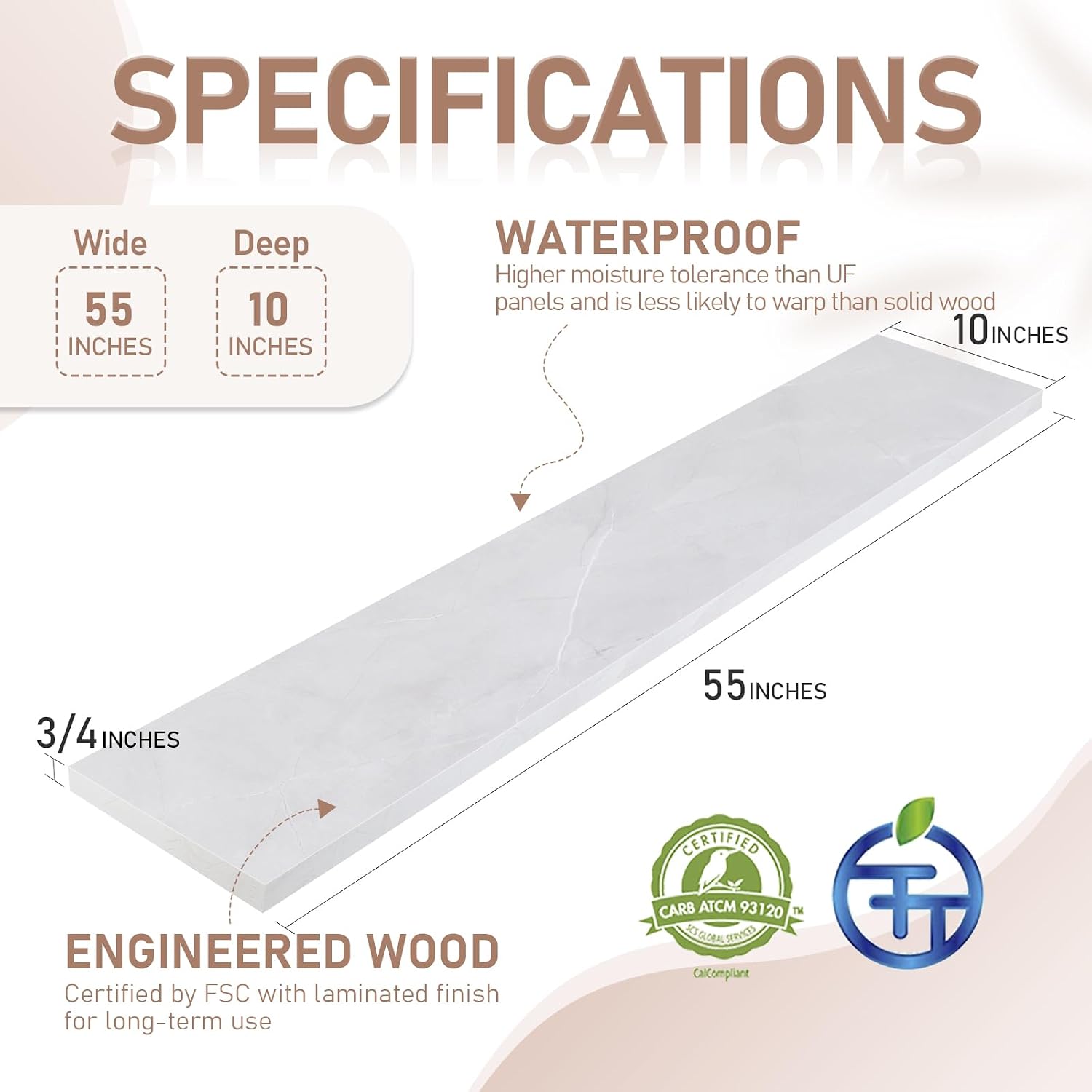 Kaboon 55 inch Long 10 inch Deep Floating Shelves for Wall Set of 2, Large Open Shelves Wall Mounted, Space Saving Home and Commercial Use, White Rock