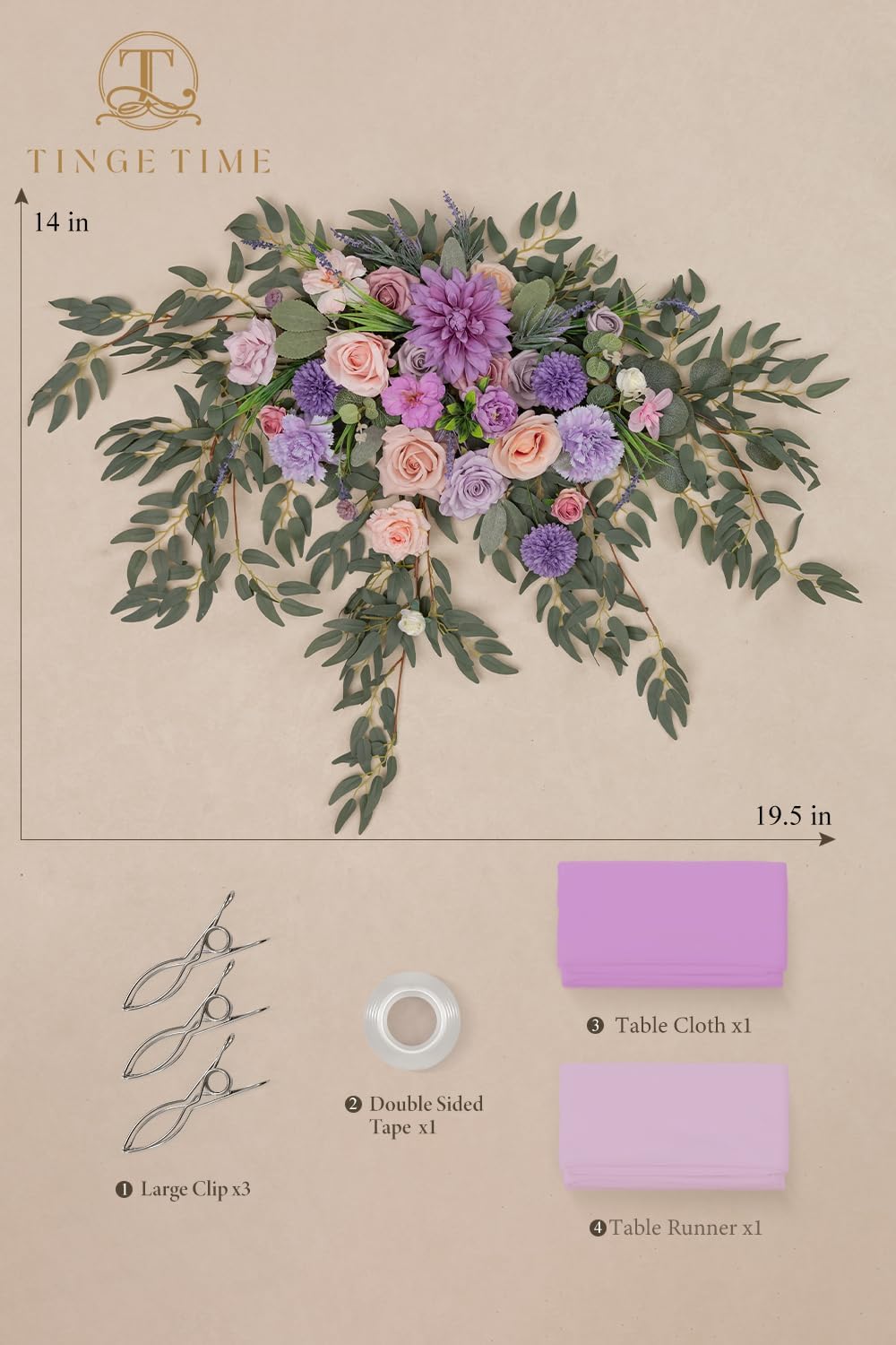 TINGE TIME Artificial Sweetheart Flower Swag with Tablecloth and Table Runner, Pack of 3 Floral Arrangement for Wedding Sweetheart Table Centerpiece Decoration (Violet & Misty Rose)