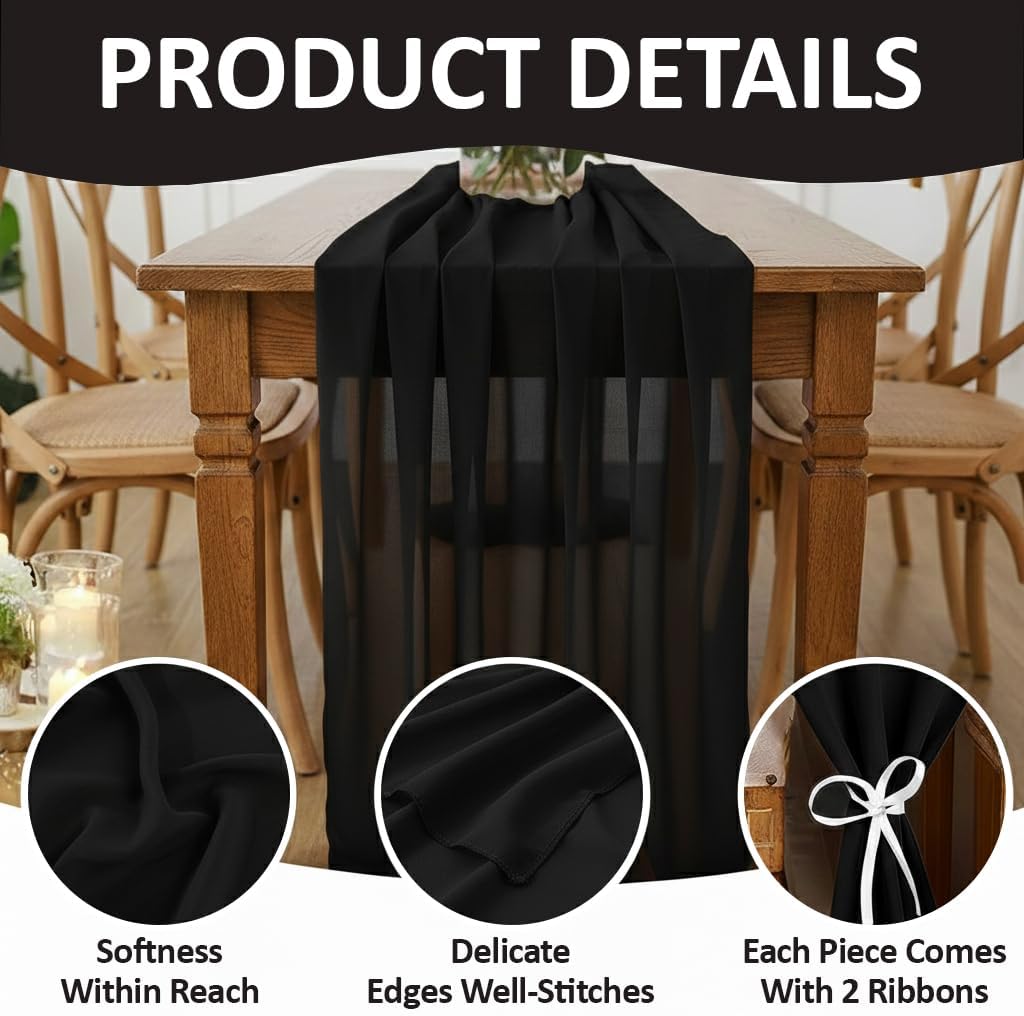 MDS Pack of 12 | Black |14ft Chiffon Table Runner 29x170 Inches Long Romantic Rustic Sheer Gauze Runner for Wedding Bridal Shower Birthday Banquets Engagement Spring Easter Boho Decorations