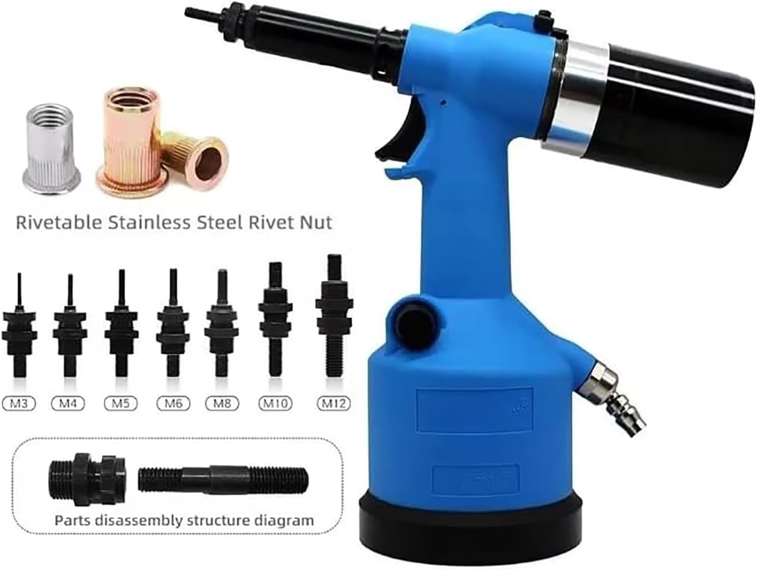 Heavy Duty Air Hydraulic Rivet Nut Tool Kit, Pneumatic Air Riveter, Powerful Pop Rivet Gun with 7 Nosepieces incl.M3-M12, 19.1kN working tension for Mechanic Tool, Construction, Home Improvement