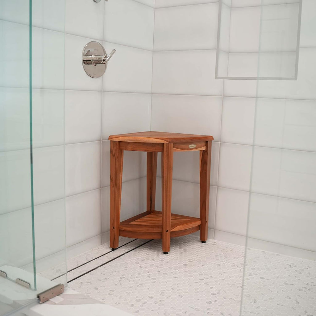 EcoDecors 24' Extended Height Snazzy Corner Natural Color Waterproof Teak Wood Shower Bench Stool Seat Chair for Inside Shower Storage Shelf Provides Safety and Storage for Bathroom Accessories