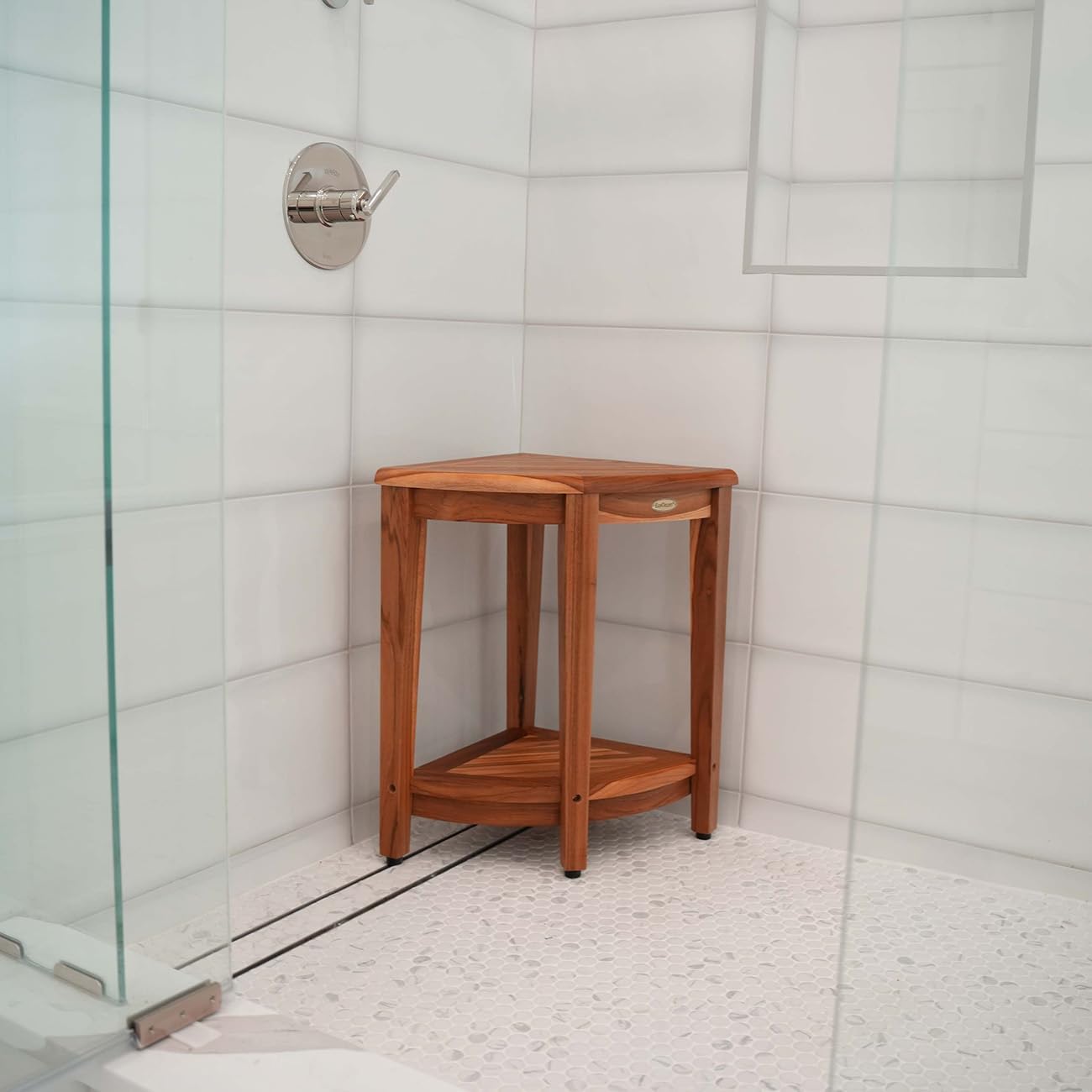 EcoDecors 24' Extended Height Snazzy Corner Natural Color Waterproof Teak Wood Shower Bench Stool Seat Chair for Inside Shower Storage Shelf Provides Safety and Storage for Bathroom Accessories