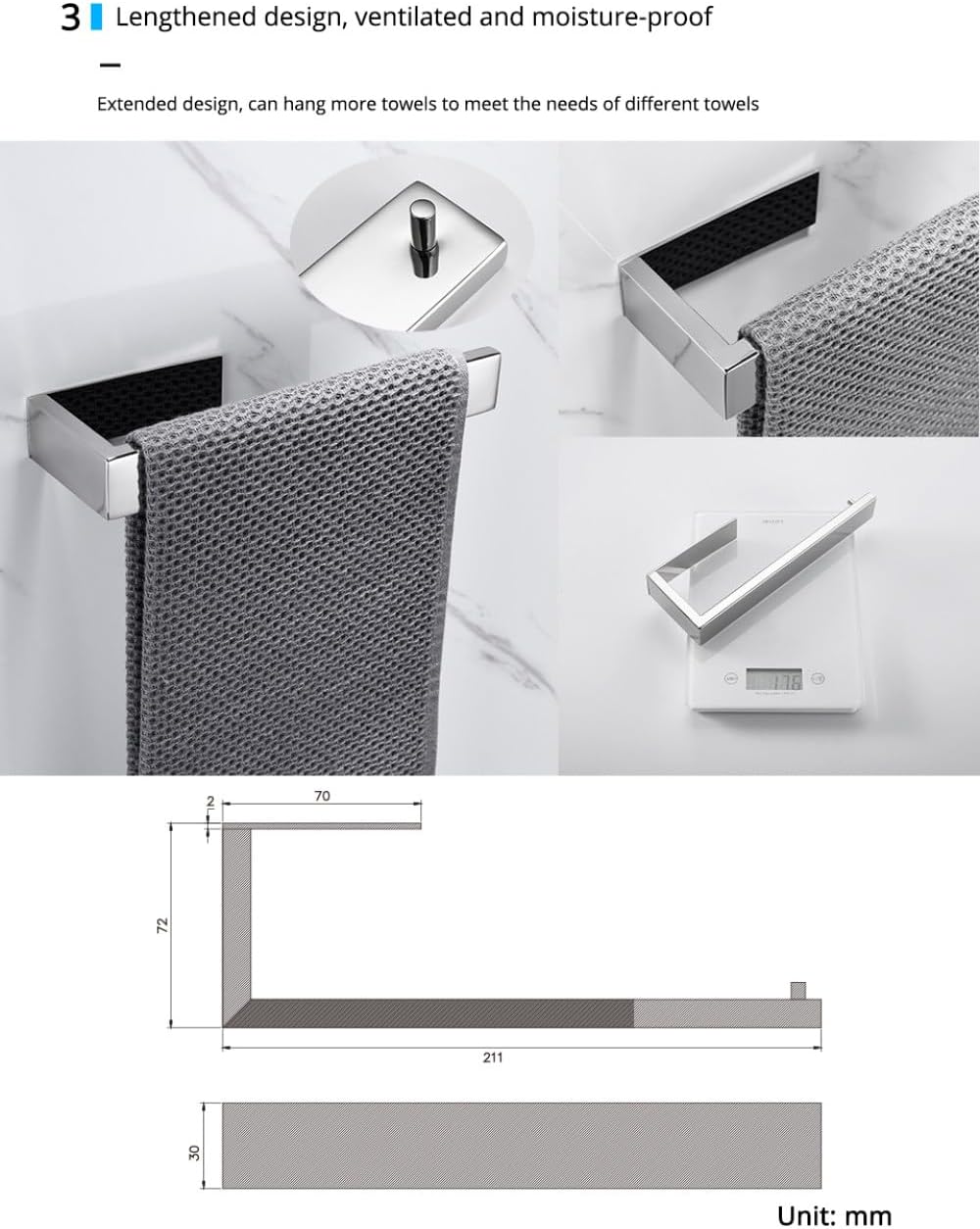 Adhesive Chrome Towel Bar Set Bathroom Accessories Silver Wall Mount Toilet Paper Holder Robe Hook Rack for Bathroom,4