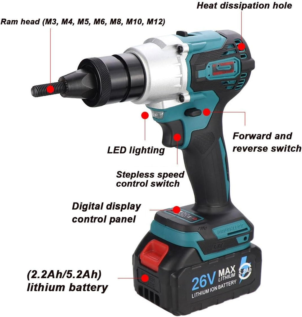26V Portable Battery Powered Riveter, 2-in-1 Cordless Rivet Nut Gun Set, Battery Powered Pop Rivet Insert Installation Tool, Electric Rivet Nut Gun for M3 M4 M5 M6 M8 M10 M12(2200mAh,1Battery)