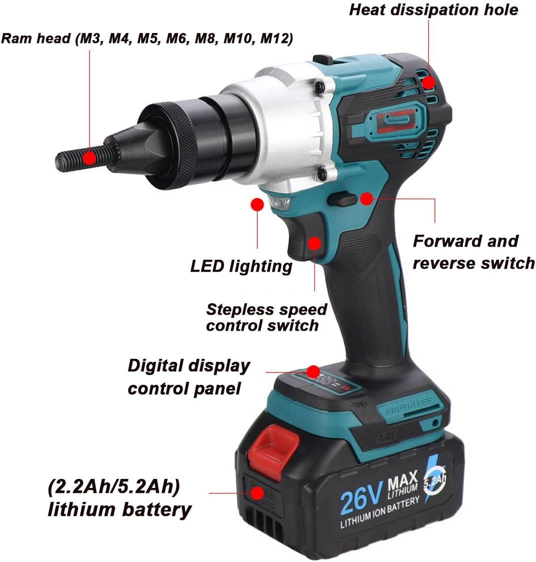 26V Portable Battery Powered Riveter, 2-in-1 Cordless Rivet Nut Gun Set, Battery Powered Pop Rivet Insert Installation Tool, Electric Rivet Nut Gun for M3 M4 M5 M6 M8 M10 M12(2200mAh,1Battery)