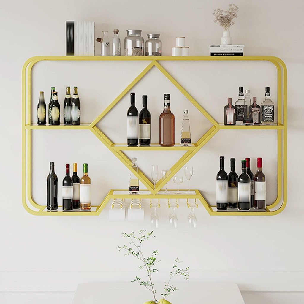 Wall Mount Wine Rack, Bar Floating Wall Shelves, Iron Wine Storage Display Rack Holder, With Hanging Wine Glass Rack Mini Bar Bottle Display Shelf Whiskey Shelf Corner Bar ( Color : Gold , Size : 140c